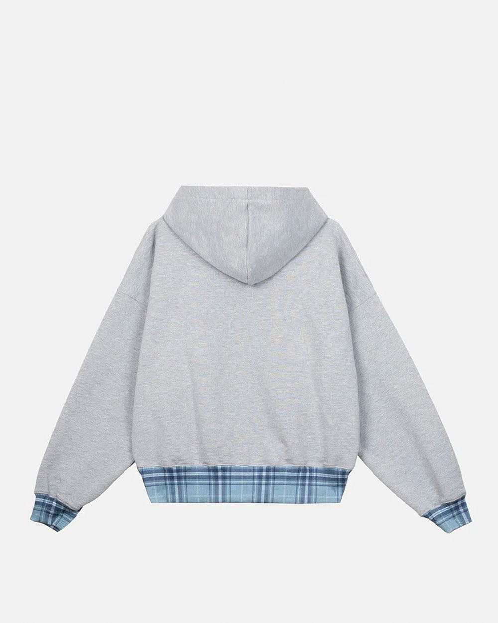 TAKE A PEAK ZIP HOODIE HEATHER GREY - grey zip-up hoodie with plaid trim, back view - Cold Culture #packshot