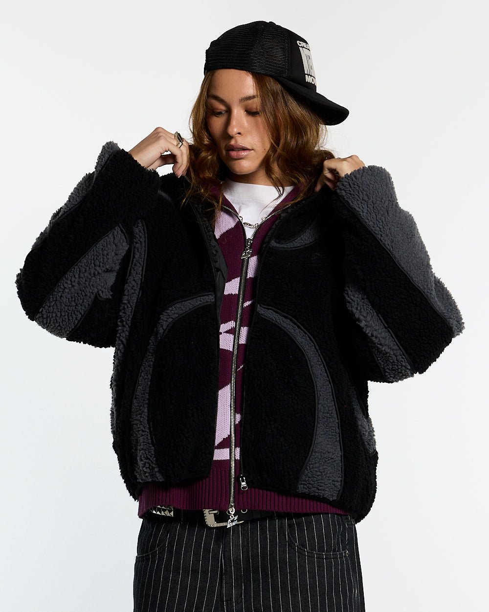 TAKE OFF FLEECE BLACK - black sherpa fleece hooded jacket, front view on female model - Cold Culture #woman