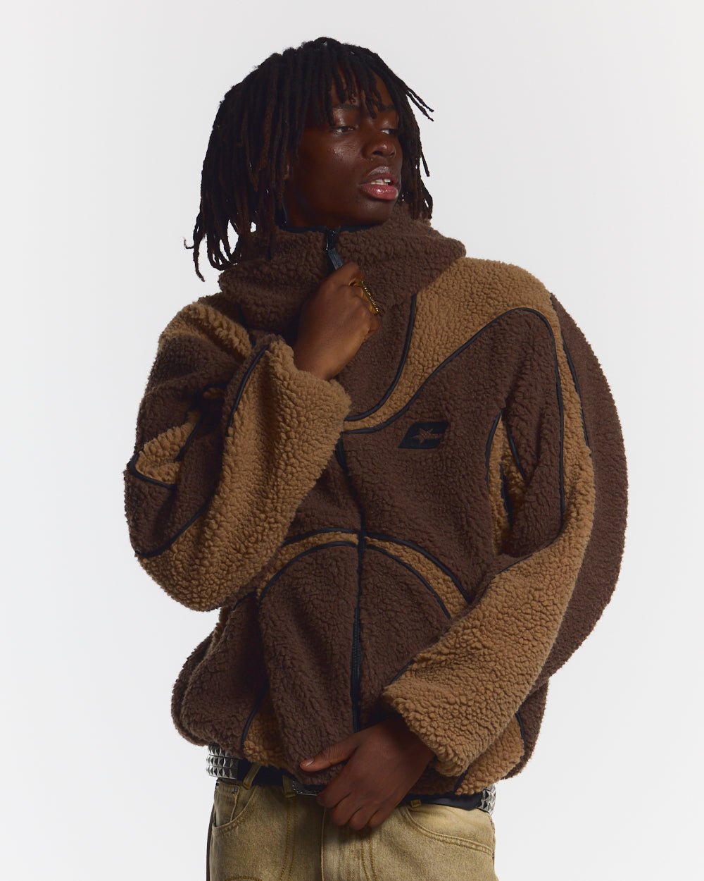 TAKE OFF FLEECE BROWN - brown sherpa fleece hooded jacket, front view on male model - Cold Culture #man