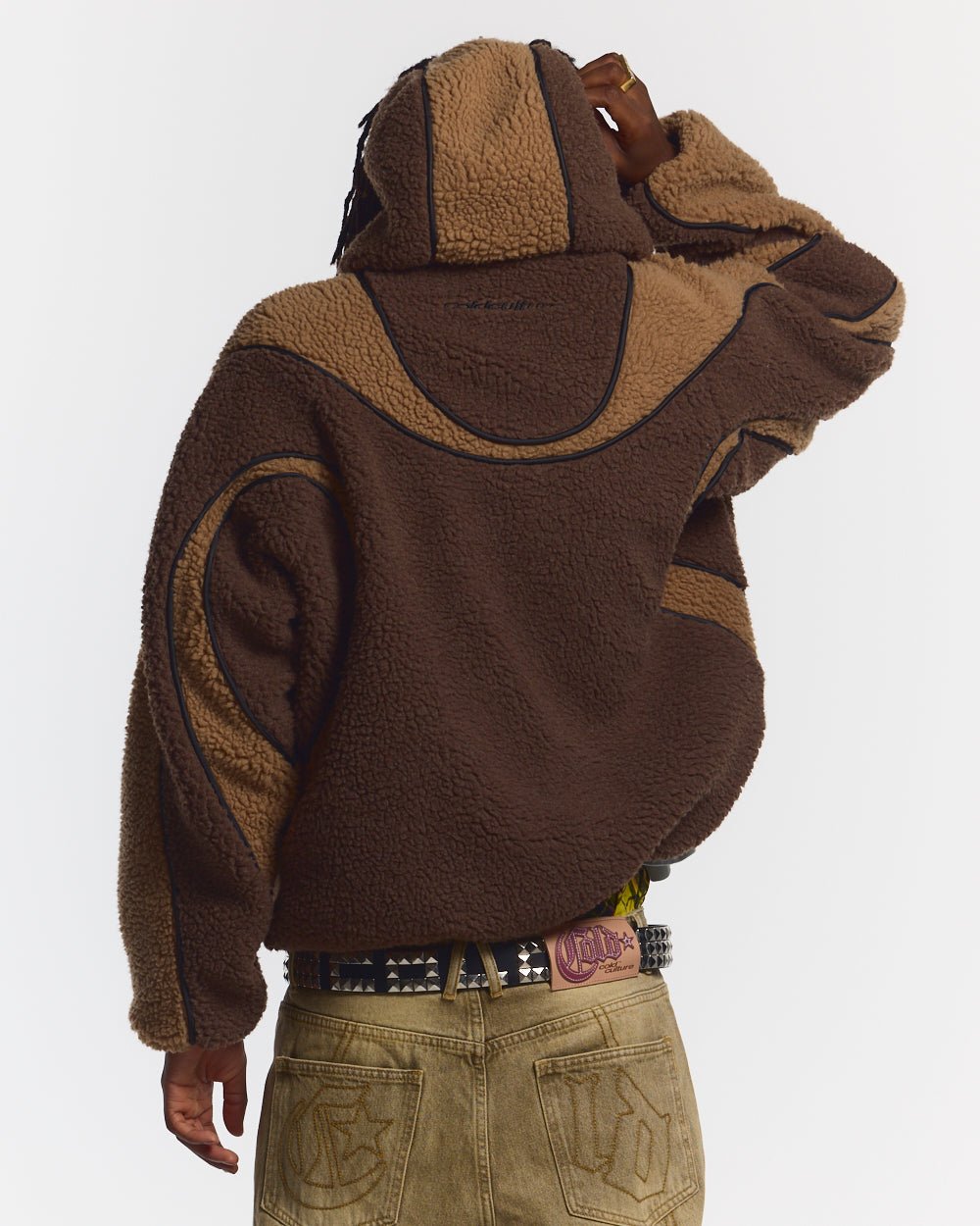 TAKE OFF FLEECE BROWN - brown sherpa fleece hooded jacket, back view on male model - Cold Culture