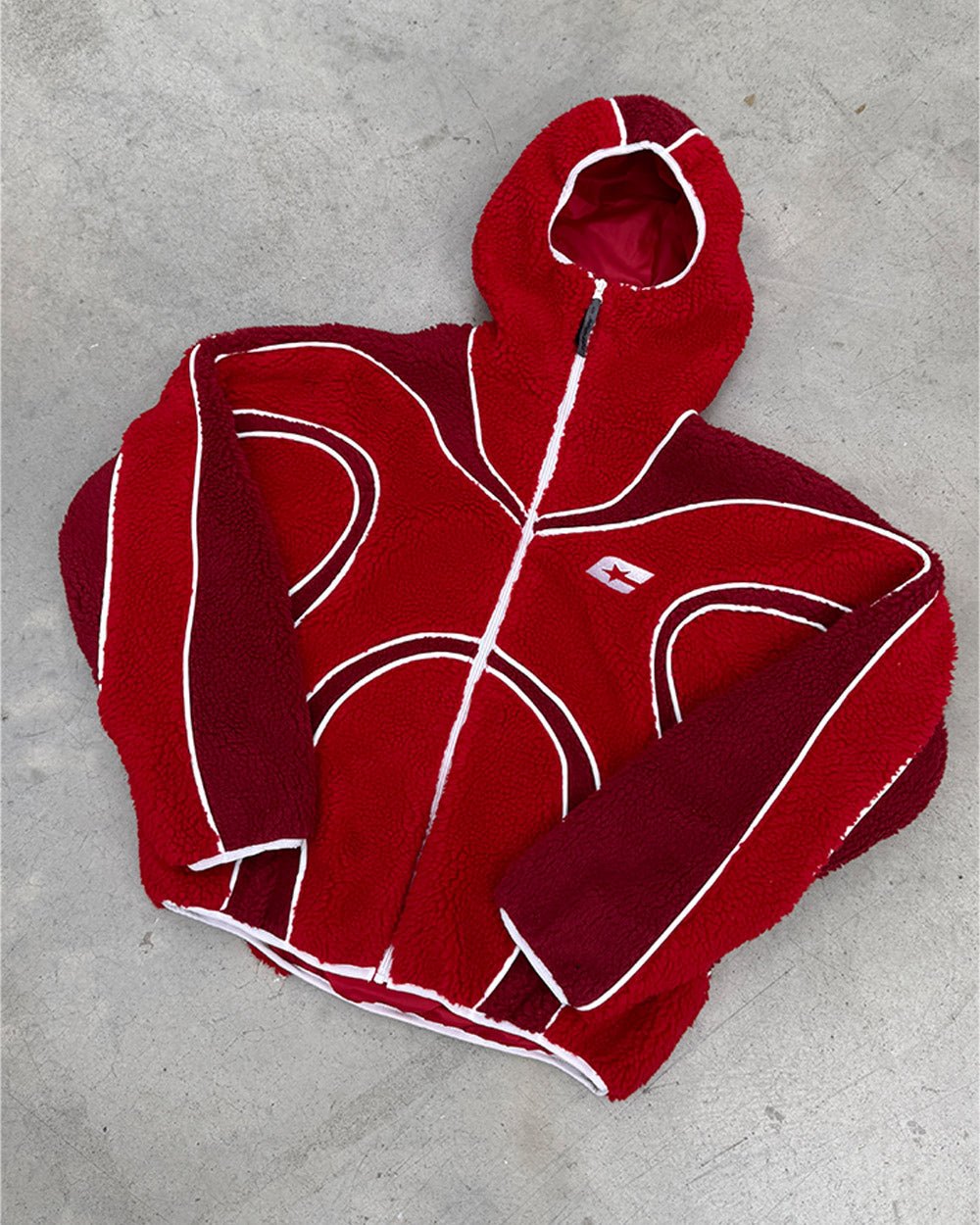 TAKE OFF FLEECE RED - red sherpa fleece hooded jacket, flat lay - Cold Culture