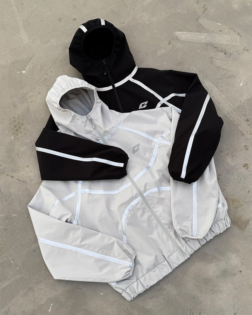 TAKE OFF LIGHTWEIGHT JACKET LIGHT GREY - light grey reflective trim jacket, flat lay with matching pieces - Cold Culture