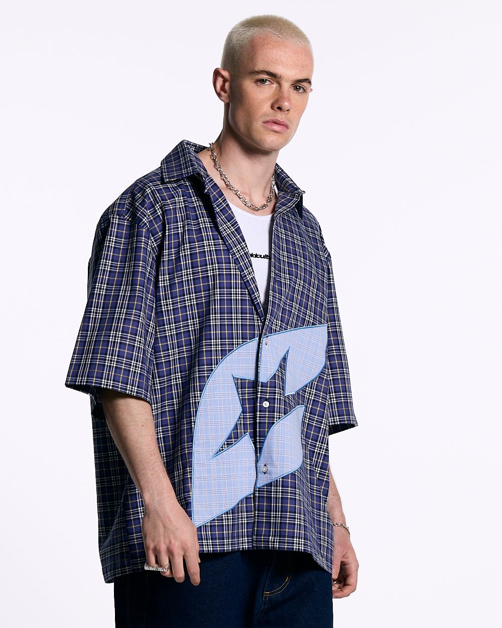 TARTAN C SHIRT DARK BLUE - dark blue checked short sleeve shirt, front view on male model - Cold Culture #man