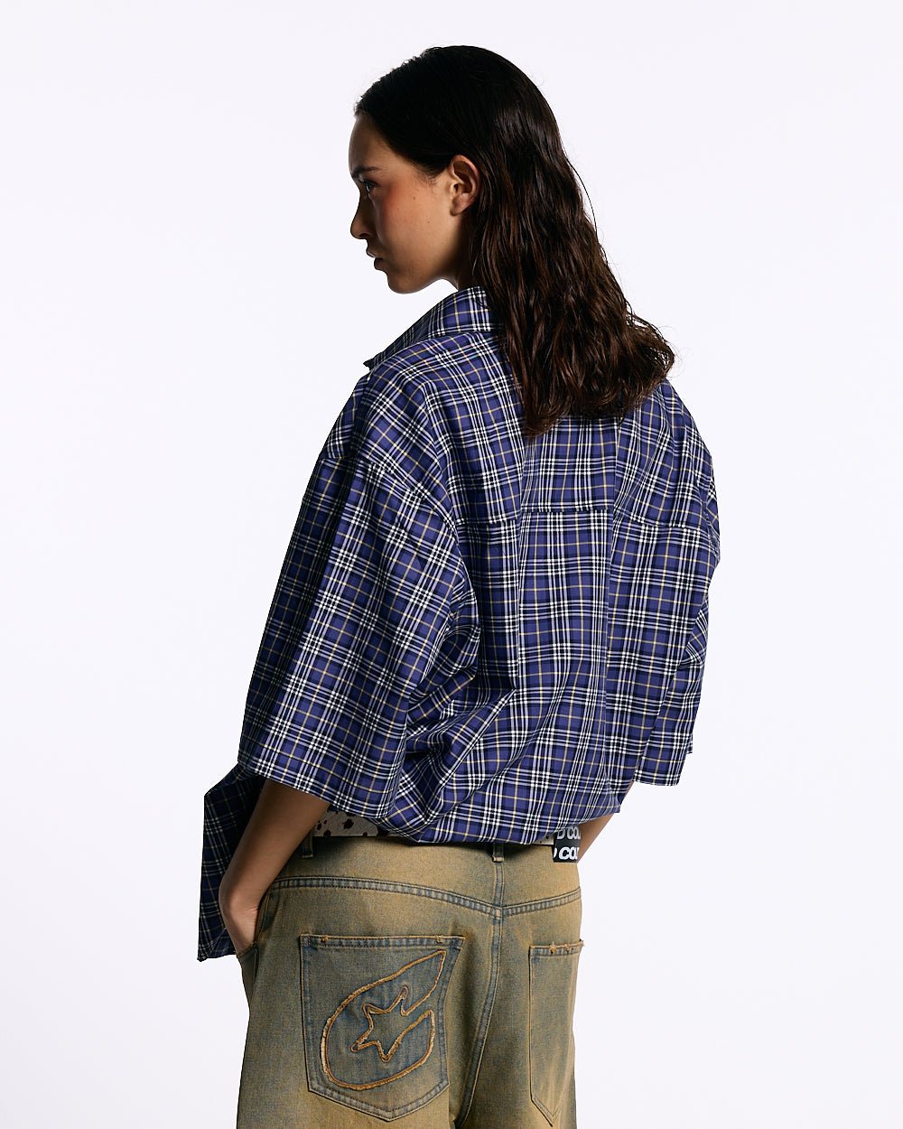 TARTAN C SHIRT DARK BLUE - dark blue checked short sleeve shirt, back view on female model - Cold Culture #woman