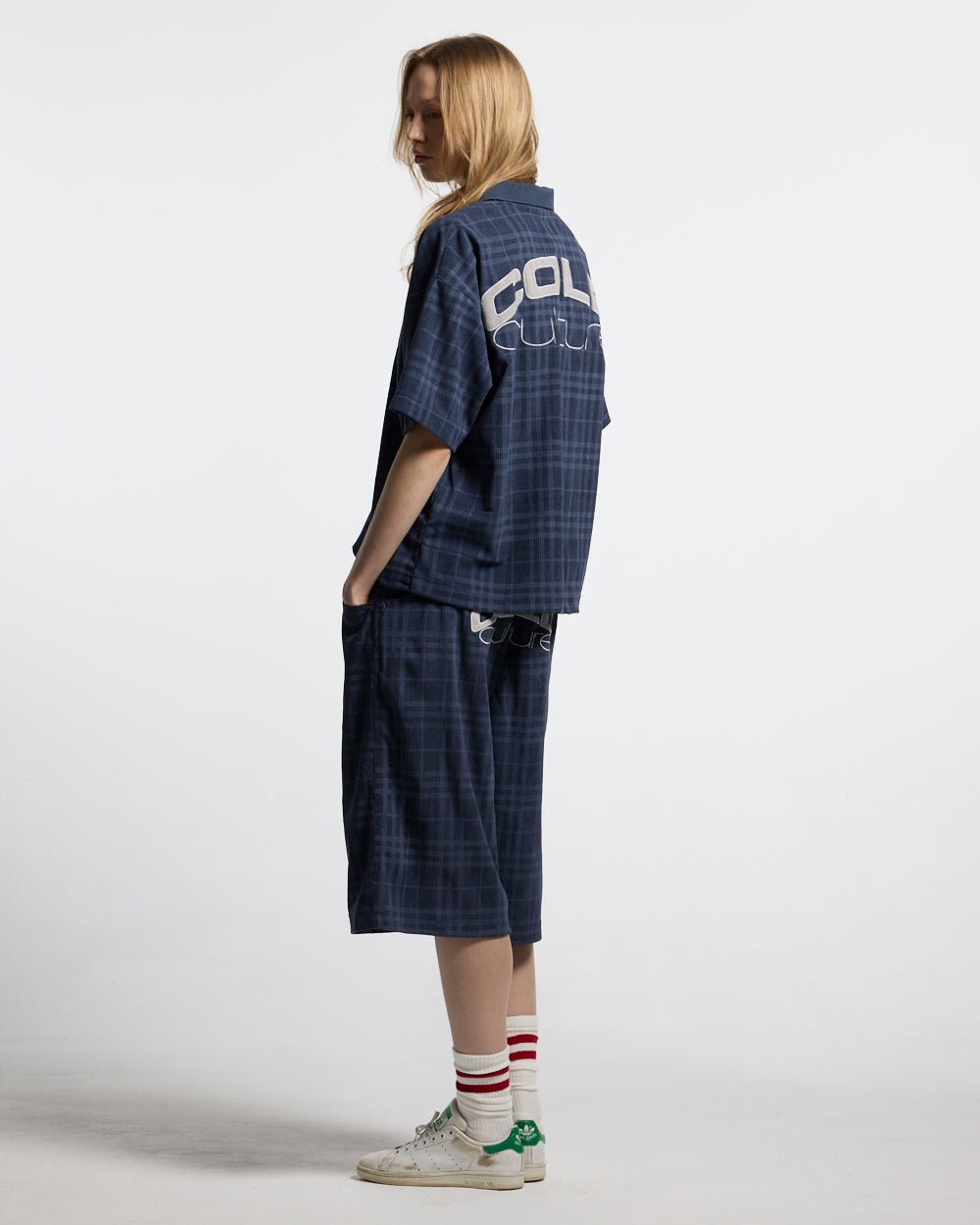 TARTAN CLUB SHORTS NAVY - navy check shorts, side view - Cold Culture #woman