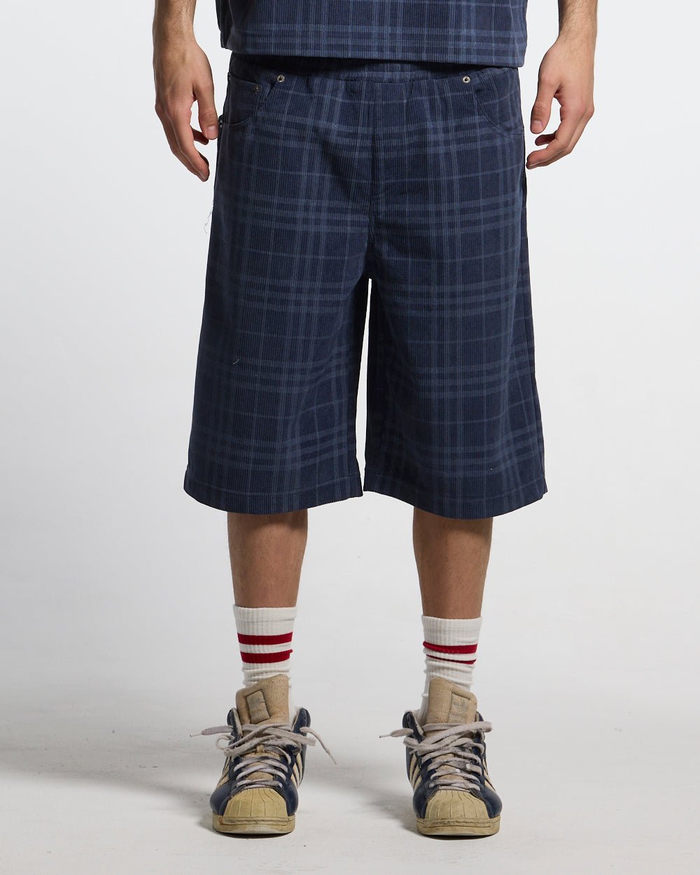 TARTAN CLUB SHORTS NAVY - navy check shorts, front view on male model - Cold Culture