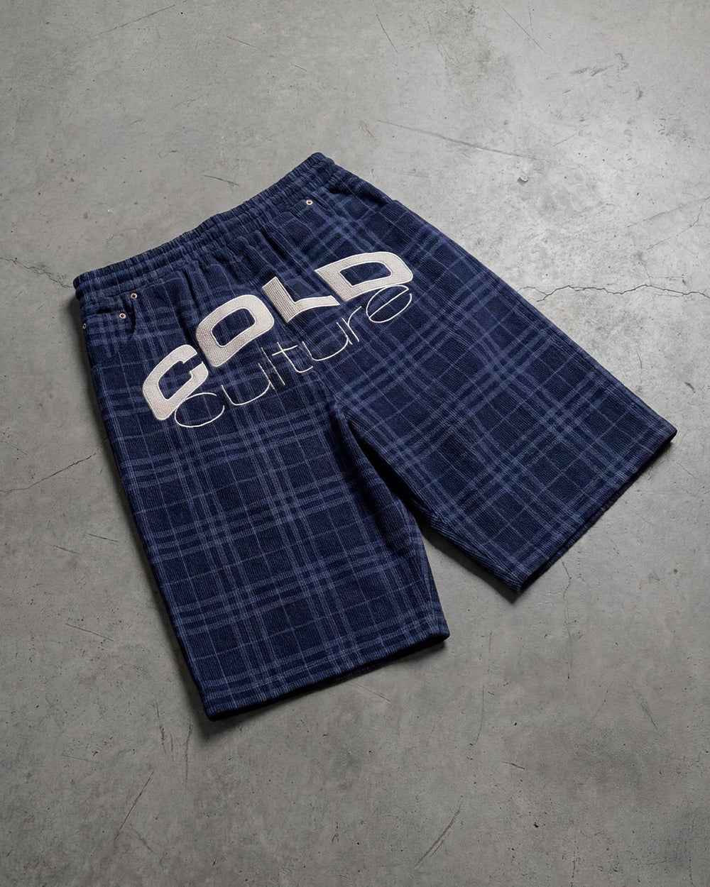 TARTAN CLUB SHORTS NAVY - navy check shorts, flat lay - Cold Culture