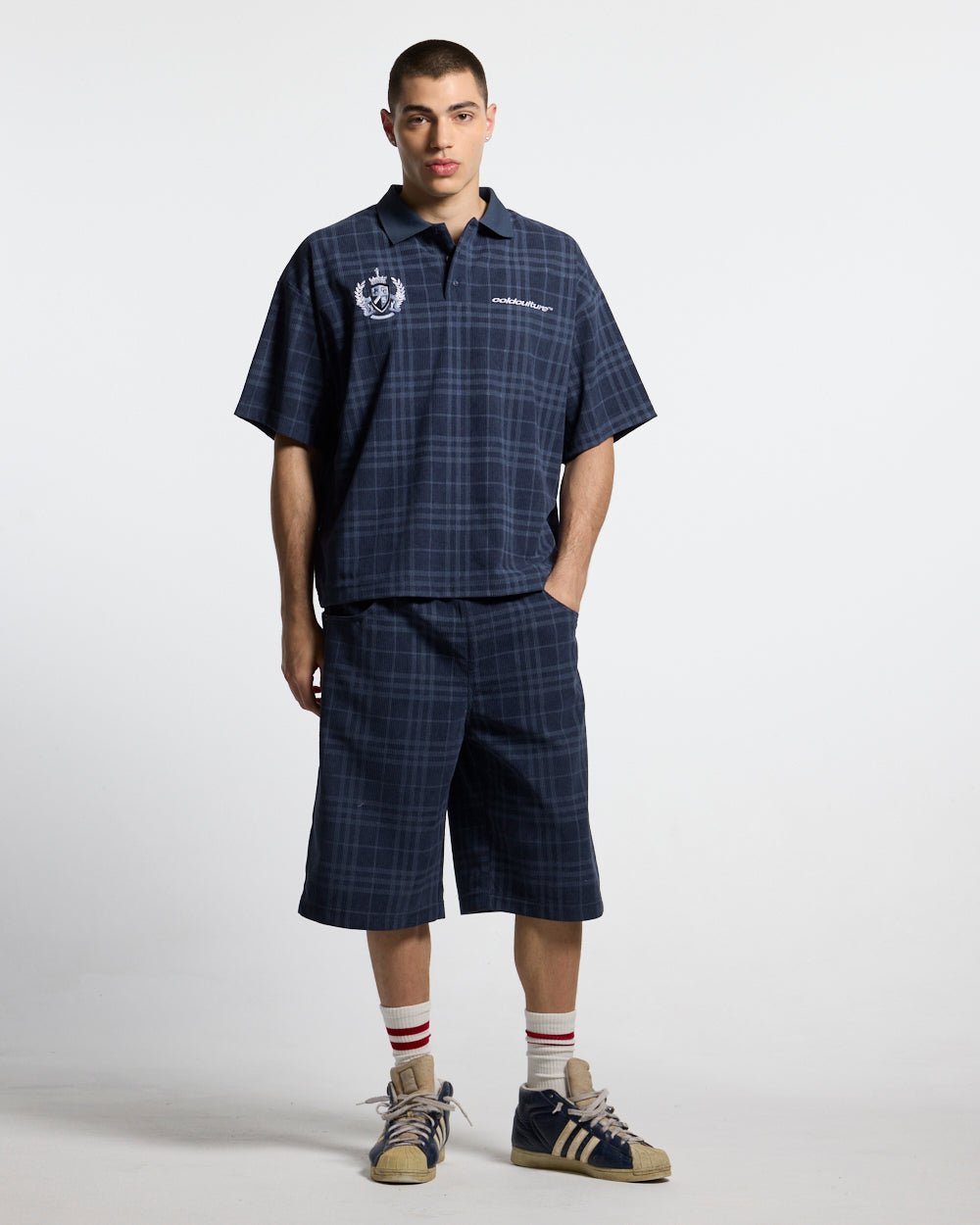 TARTAN CLUB SHORTS NAVY - navy check shorts, front view on male model - Cold Culture #man