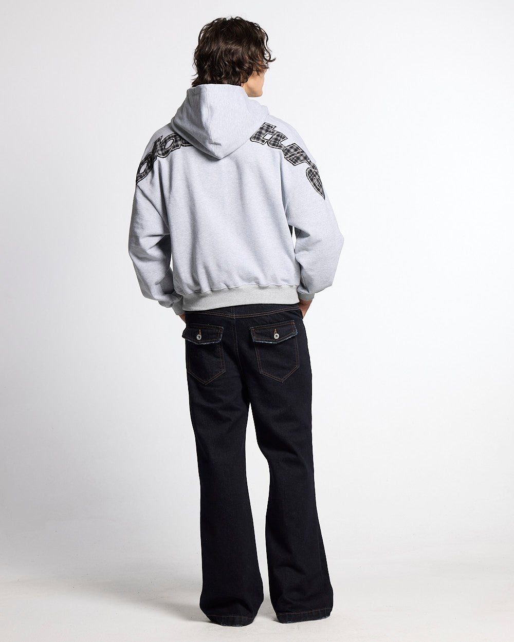 TARTAN DISTRESS CURVED HOODIE HEATHER GREY - heather grey oversized hoodie, back view on male model - Cold Culture