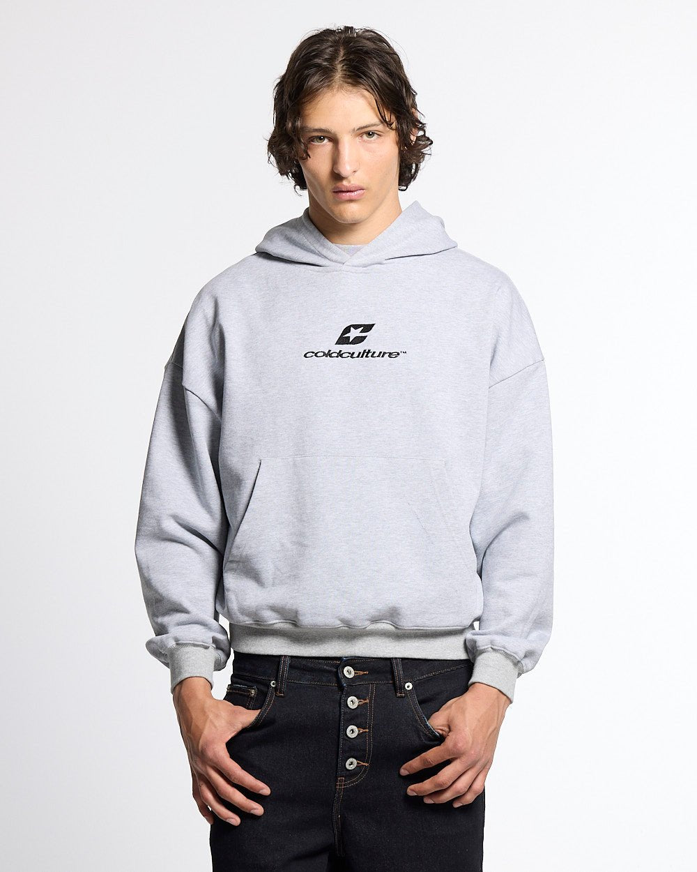 TARTAN DISTRESS CURVED HOODIE HEATHER GREY - heather grey oversized hoodie, front view on male model - Cold Culture #man