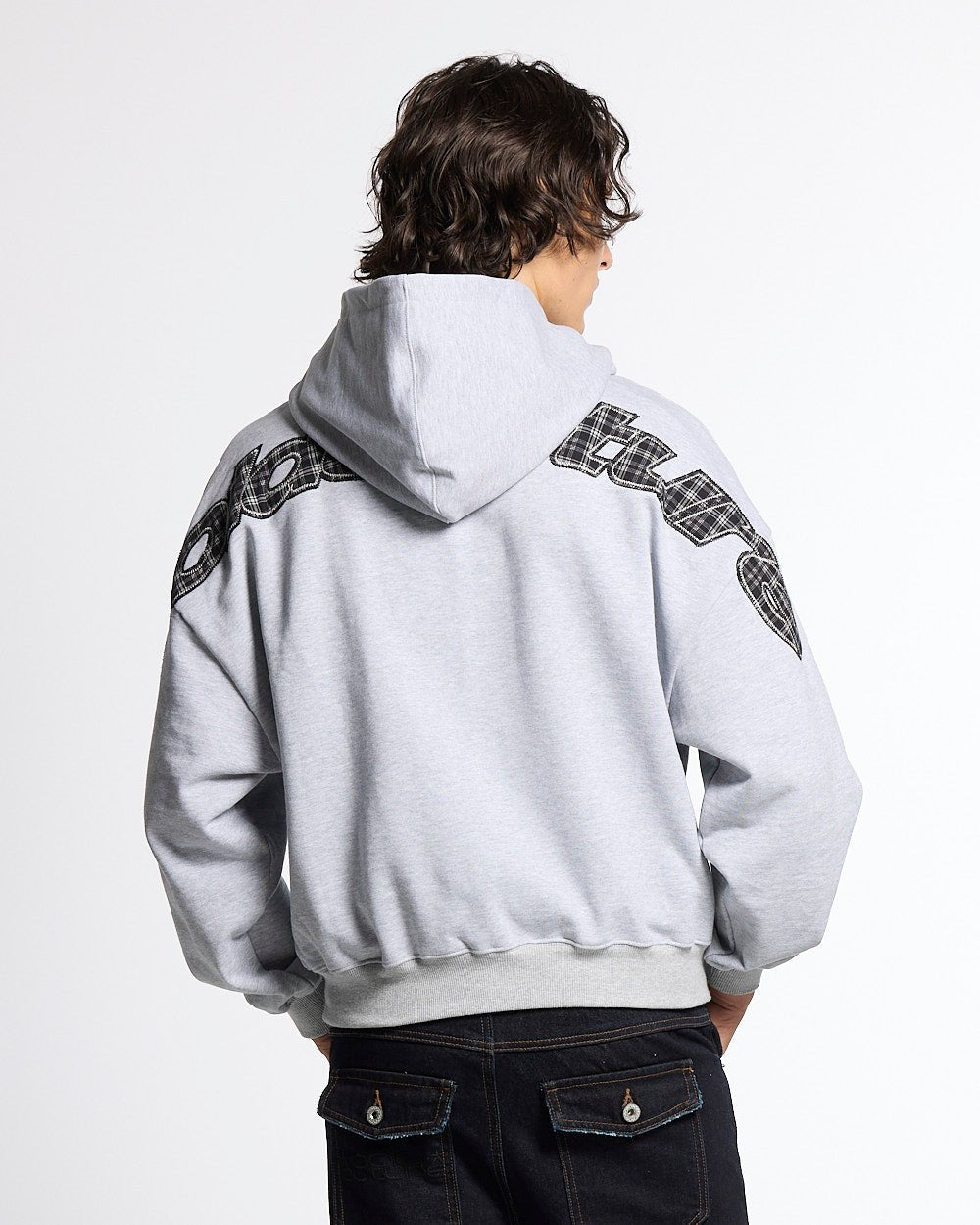 TARTAN DISTRESS CURVED HOODIE HEATHER GREY - heather grey oversized hoodie, back view on male model - Cold Culture
