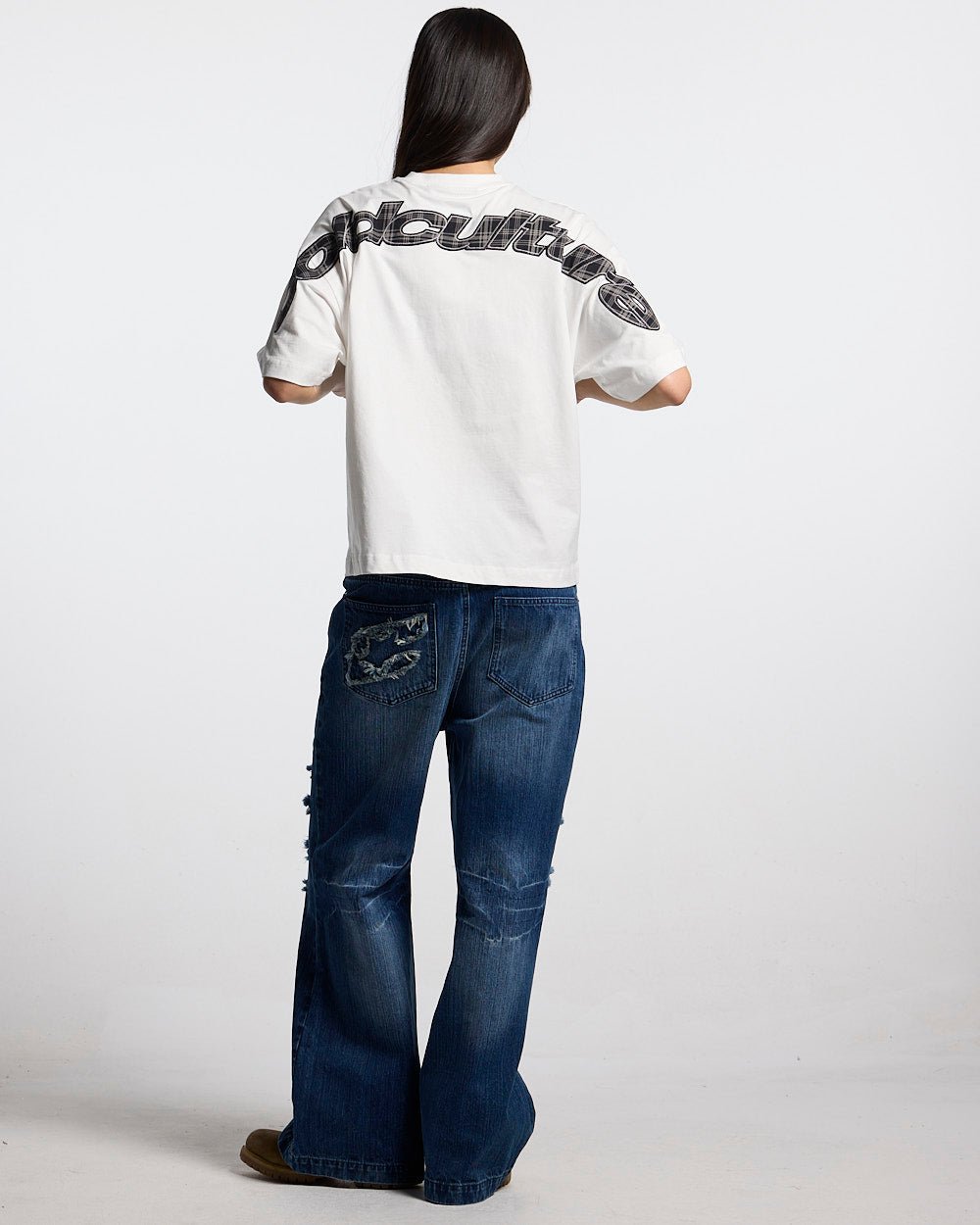 TARTAN DISTRESS CURVED TEE WHITE - Cold Culture #woman