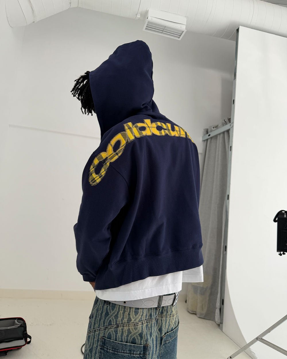 TARTAN DISTRESS CURVED ZIP HOODIE BLUE - Cold Culture