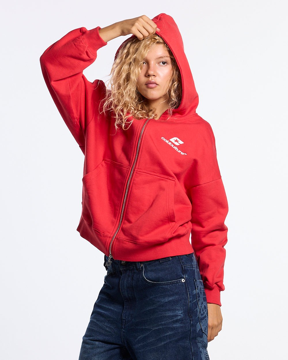 TARTAN DISTRESS CURVED ZIP HOODIE RED - Cold Culture #woman