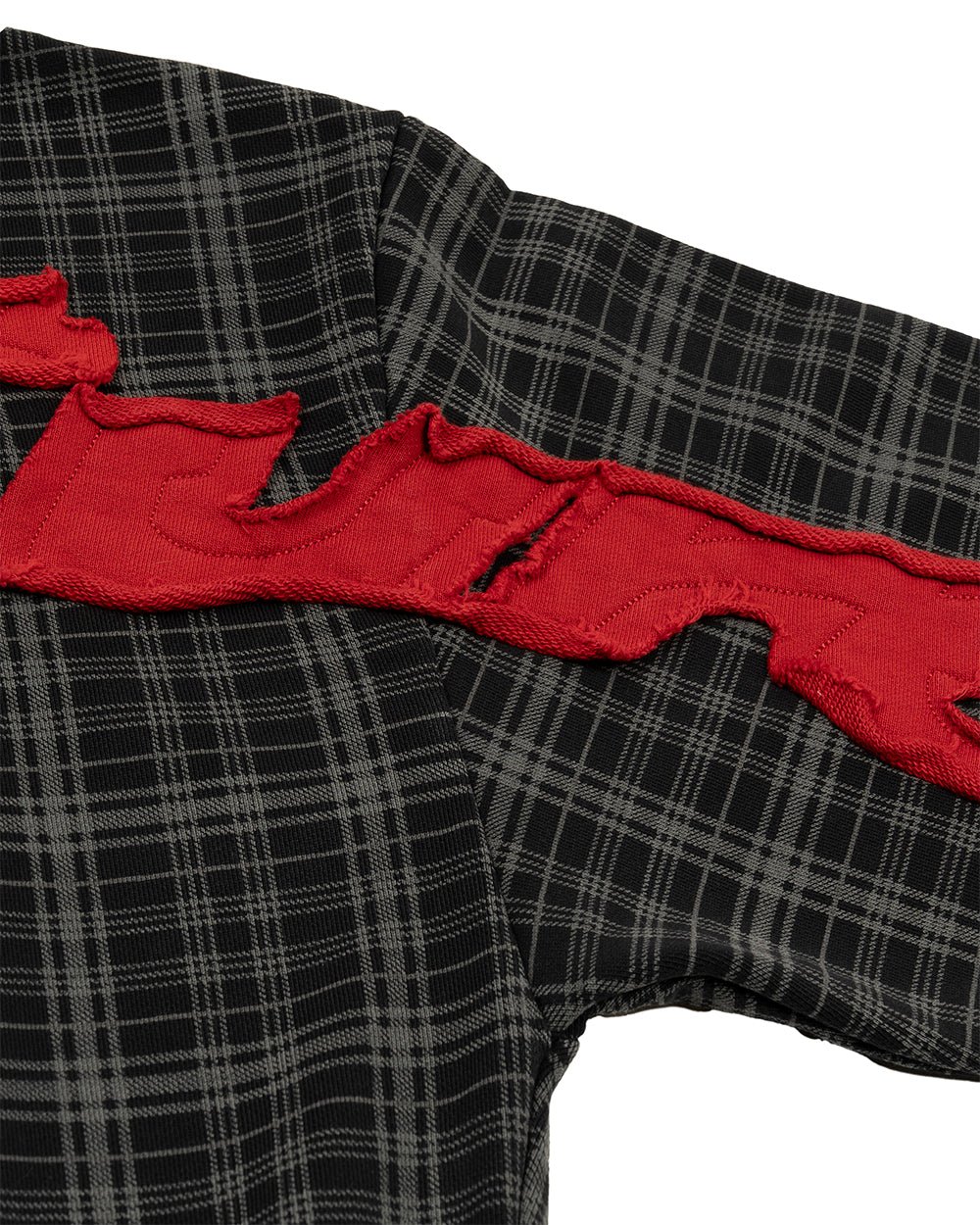 TARTAN HOODIE BLACK, GREY & RED - black and grey tartan hoodie, detail close-up - Cold Culture