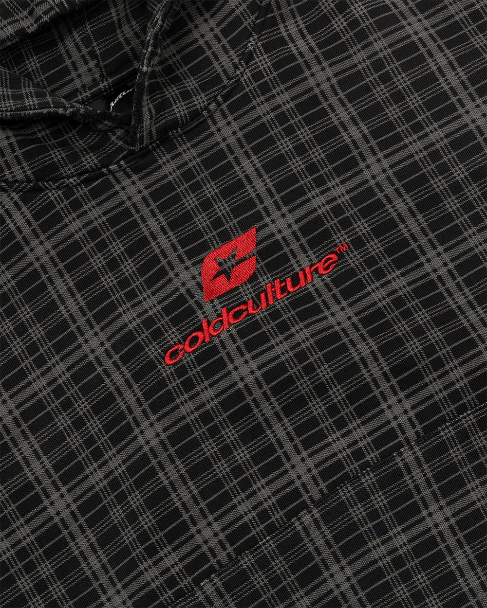 TARTAN HOODIE BLACK, GREY & RED - black and grey tartan hoodie, detail close-up - Cold Culture