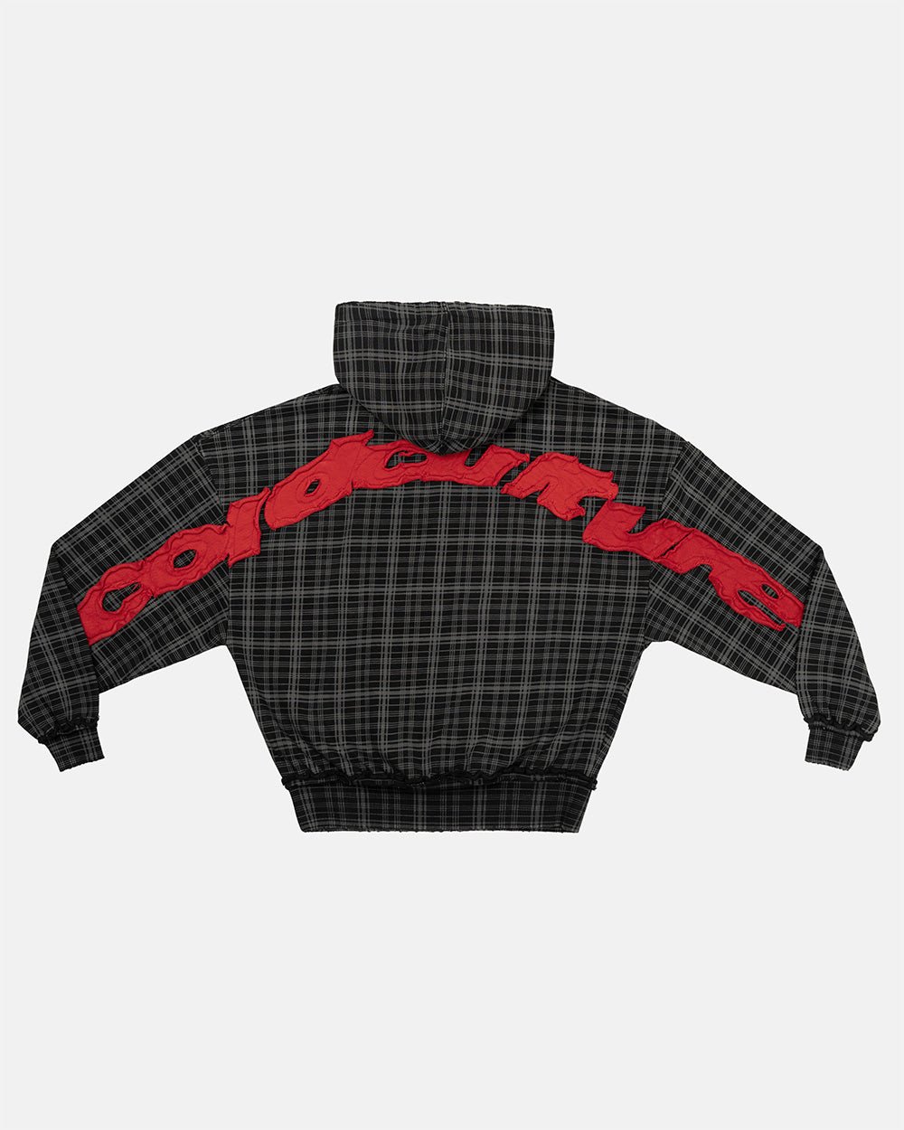 TARTAN HOODIE BLACK, GREY & RED - black and grey tartan hoodie, back view - Cold Culture #packshot