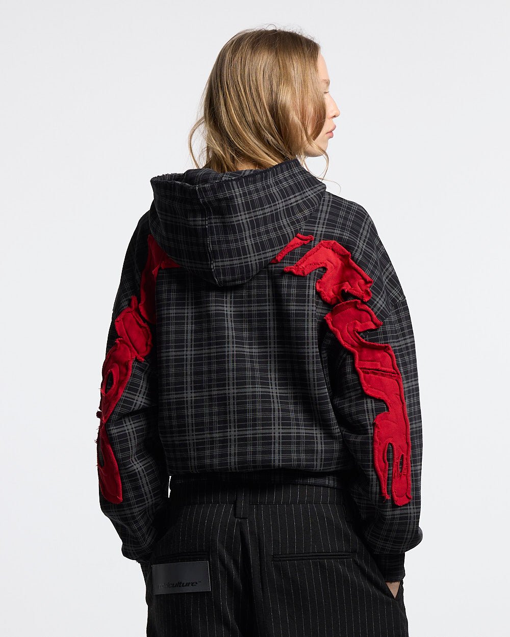 TARTAN HOODIE BLACK, GREY & RED - black and grey tartan hoodie, back view on female model - Cold Culture #woman