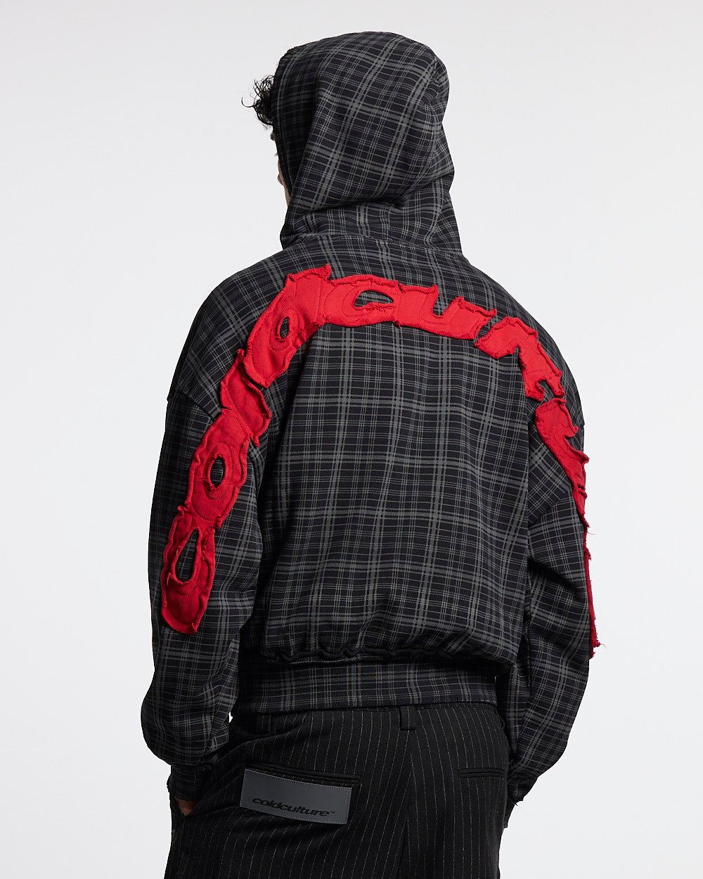 TARTAN HOODIE BLACK, GREY & RED - black and grey tartan hoodie, back view on male model - Cold Culture