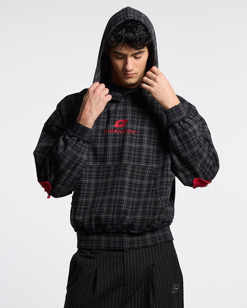 TARTAN HOODIE BLACK, GREY & RED - black and grey tartan hoodie, front view on male model - Cold Culture #man