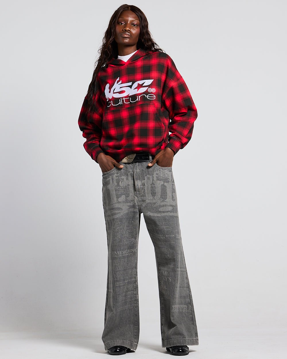 TARTAN HOODIE RED - red plaid hoodie, front view on female model - Cold Culture #woman