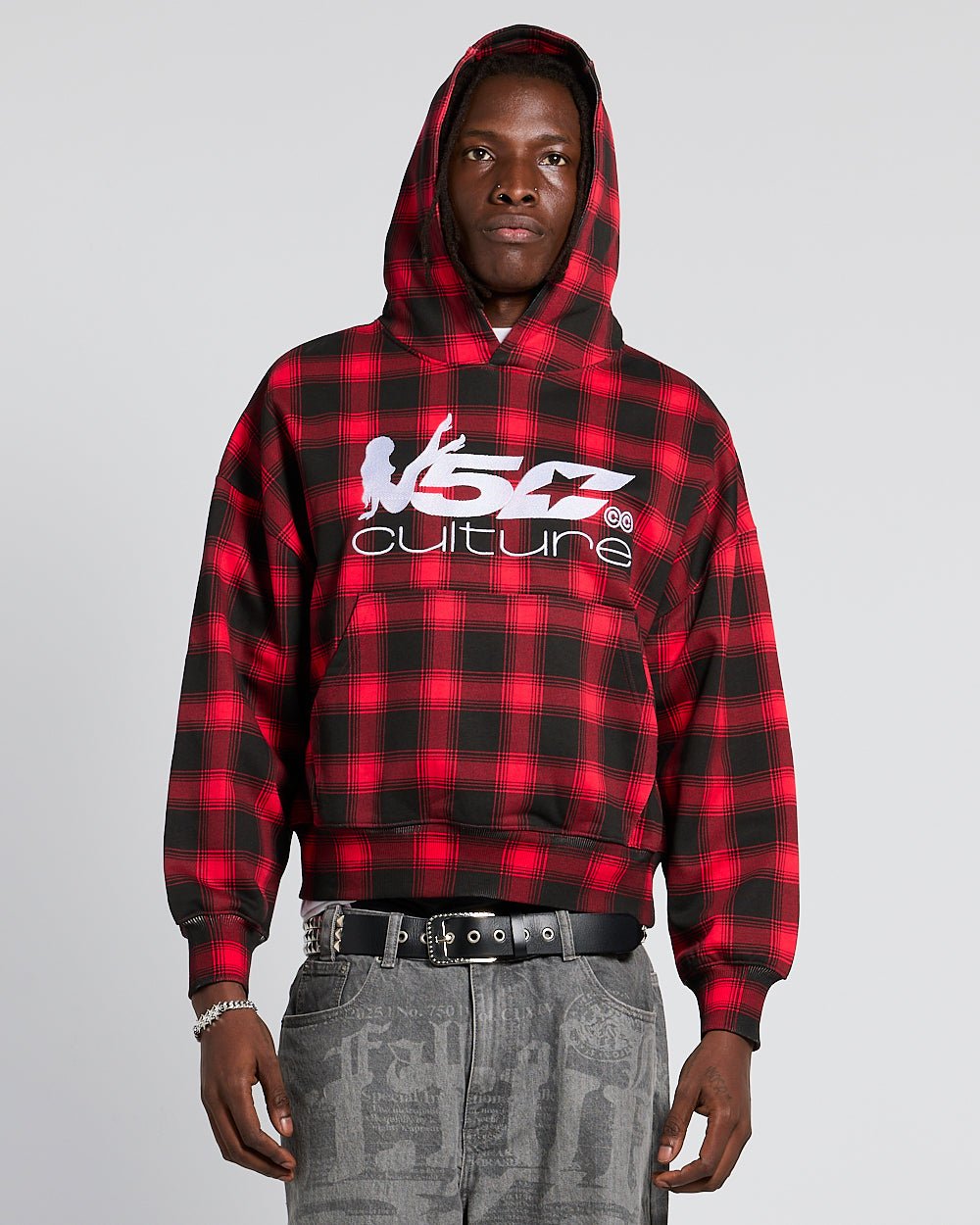 TARTAN HOODIE RED - red plaid hoodie, front view on male model - Cold Culture #man