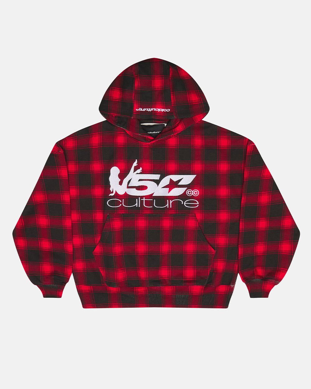 TARTAN HOODIE RED - red plaid hoodie, front view - Cold Culture #packshot