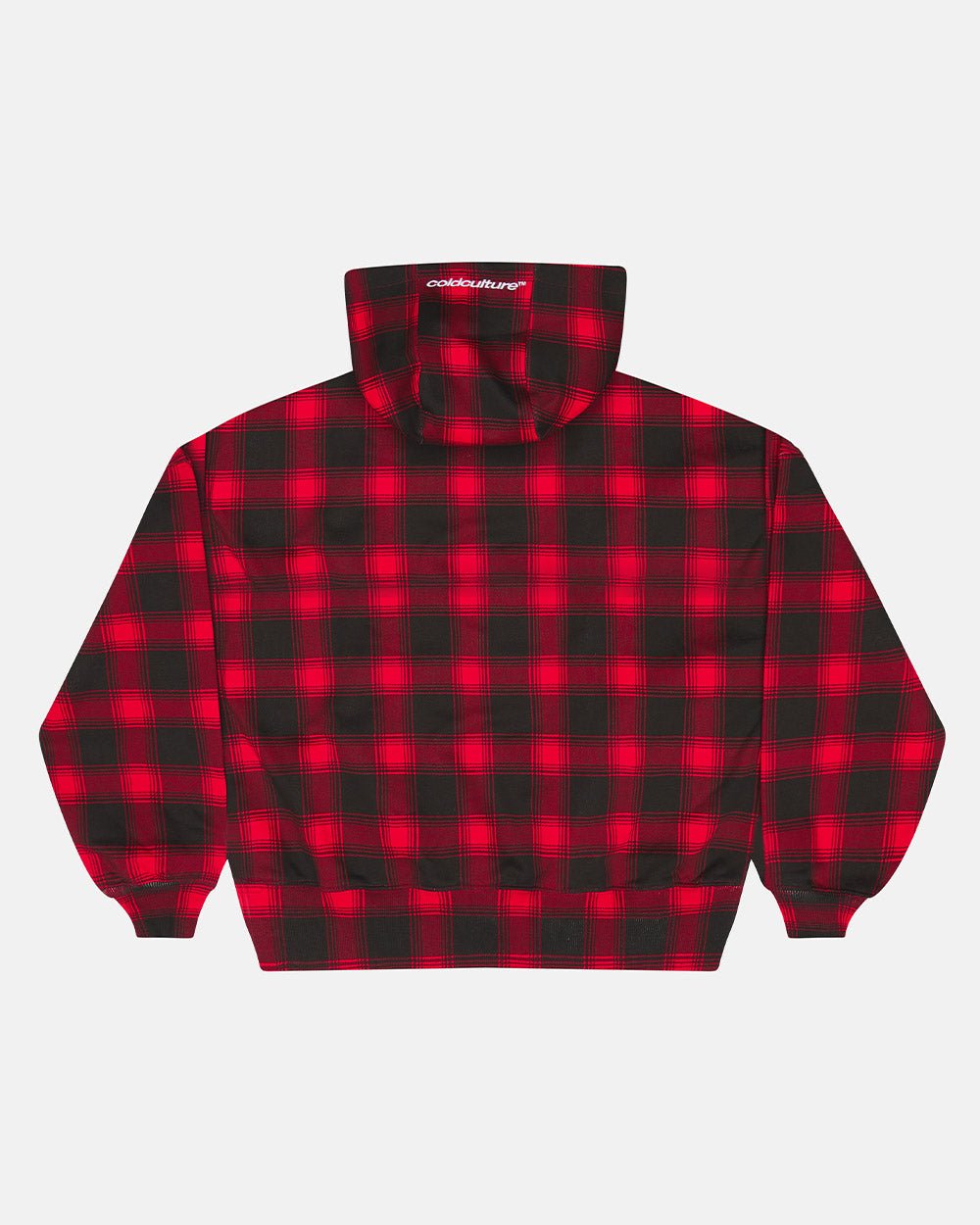 TARTAN HOODIE RED - red plaid hoodie, back view - Cold Culture #packshot