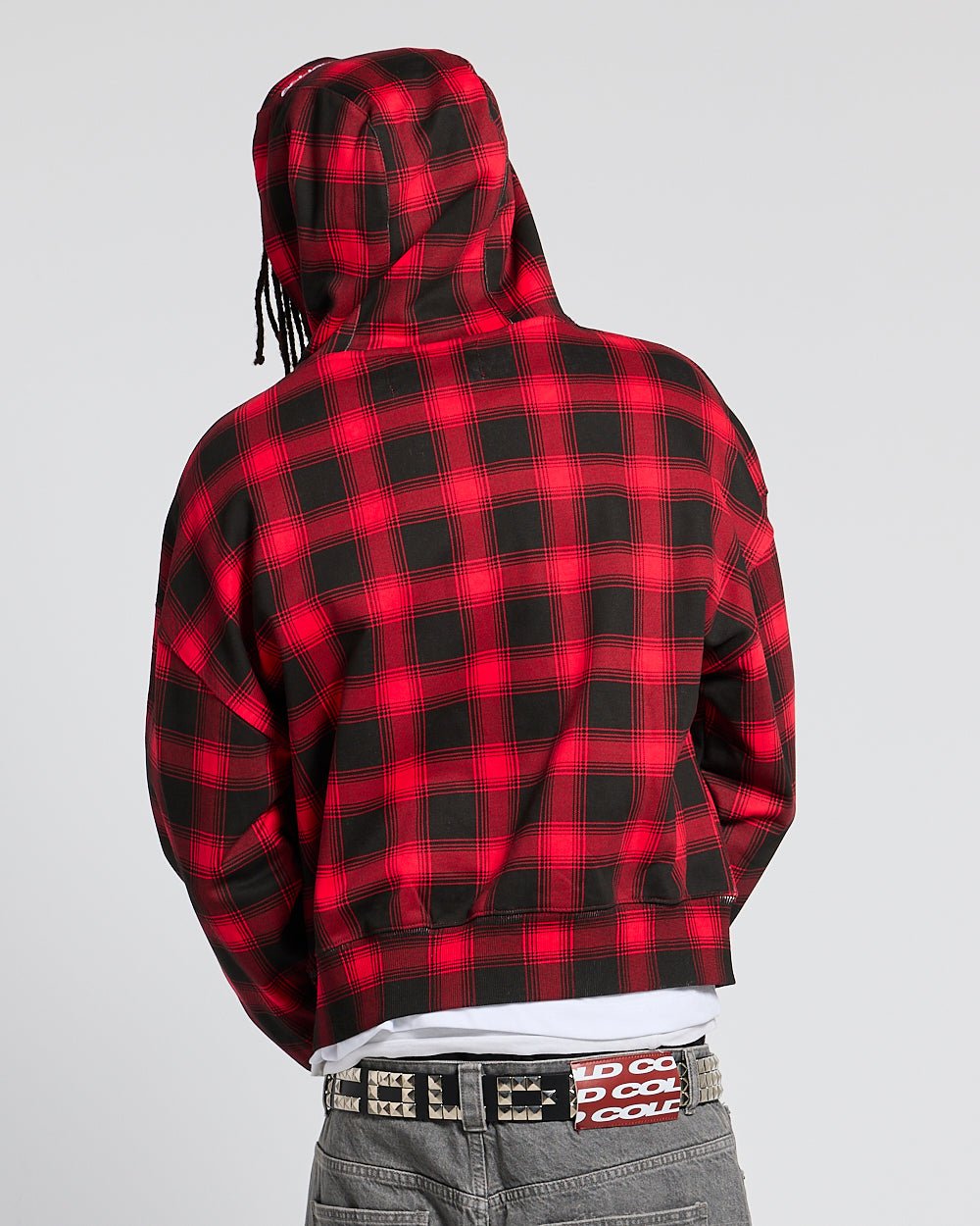 TARTAN HOODIE RED - red plaid hoodie, back view on male model - Cold Culture