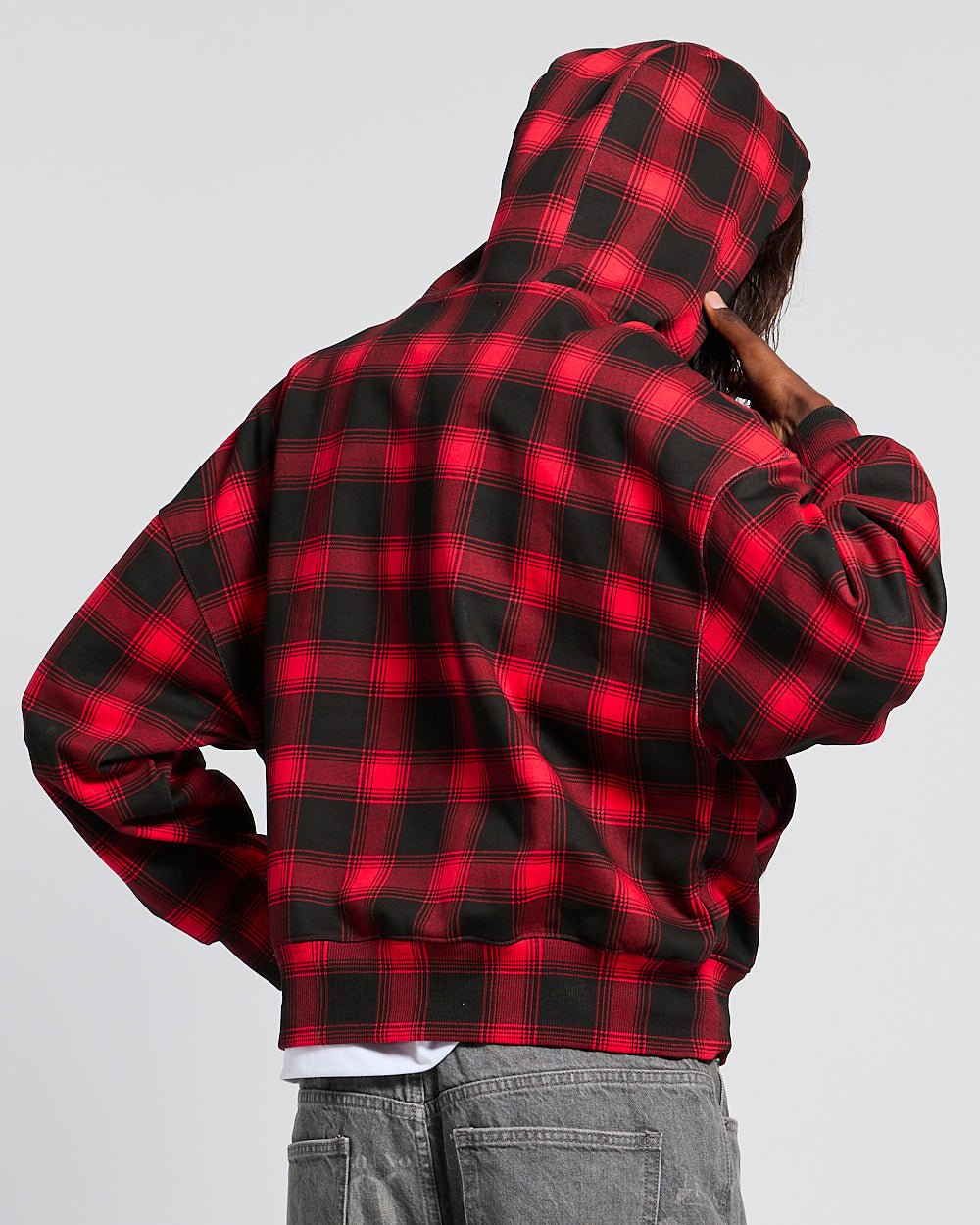 TARTAN HOODIE RED - red plaid hoodie, back view on female model - Cold Culture #woman