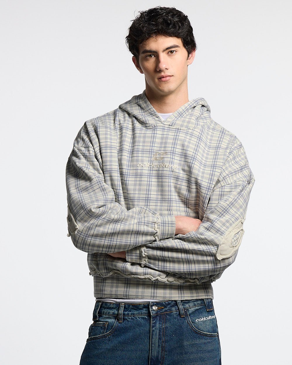 TARTAN HOODIE WHITE & MIX OF BLUES - white and blue tartan hoodie, front view on male model - Cold Culture #man
