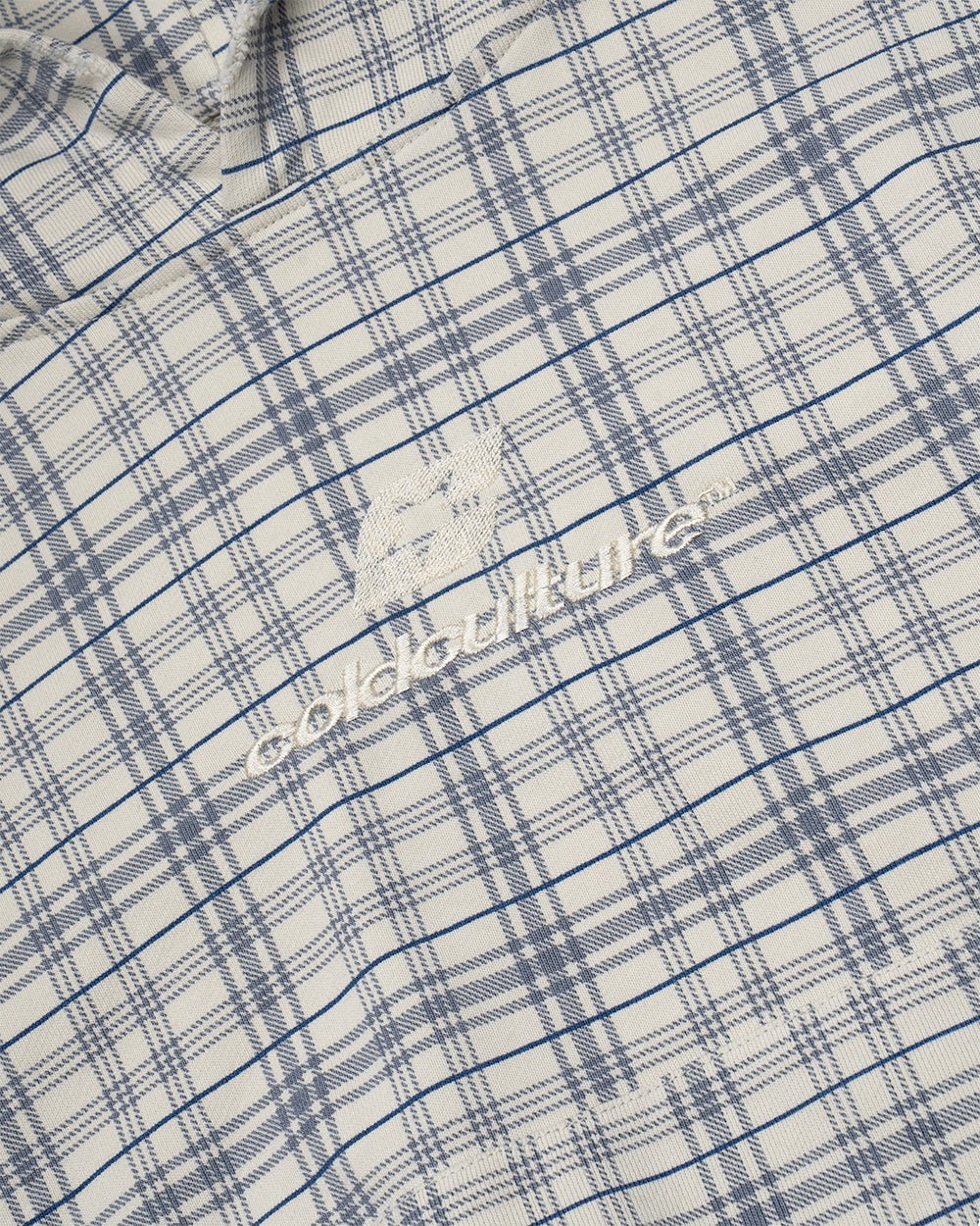 TARTAN HOODIE WHITE & MIX OF BLUES - white and blue tartan hoodie, detail close-up - Cold Culture
