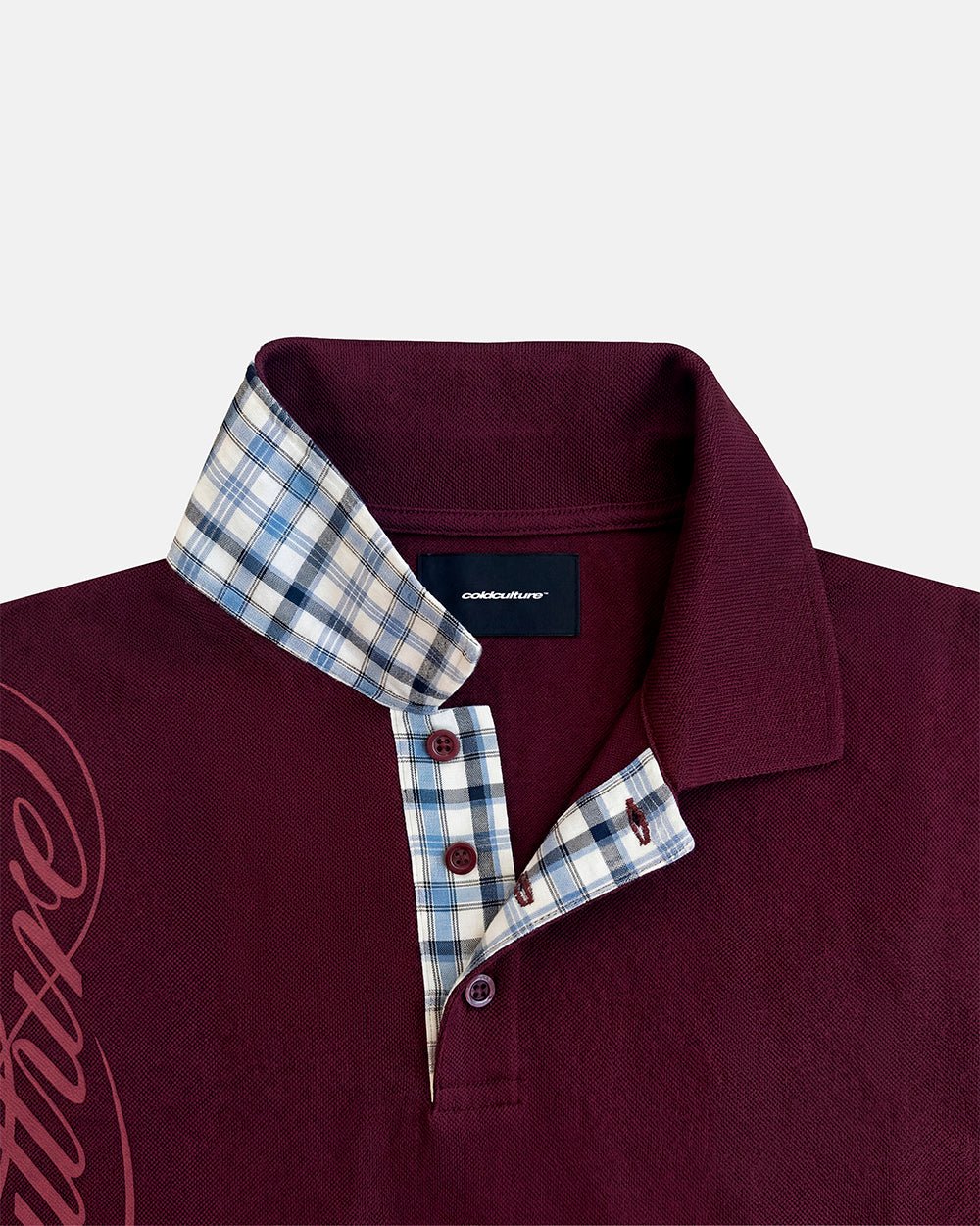 TARTAN SCRIPT POLO RED - burgundy tartan trim polo shirt, detail close-up - Cold Culture