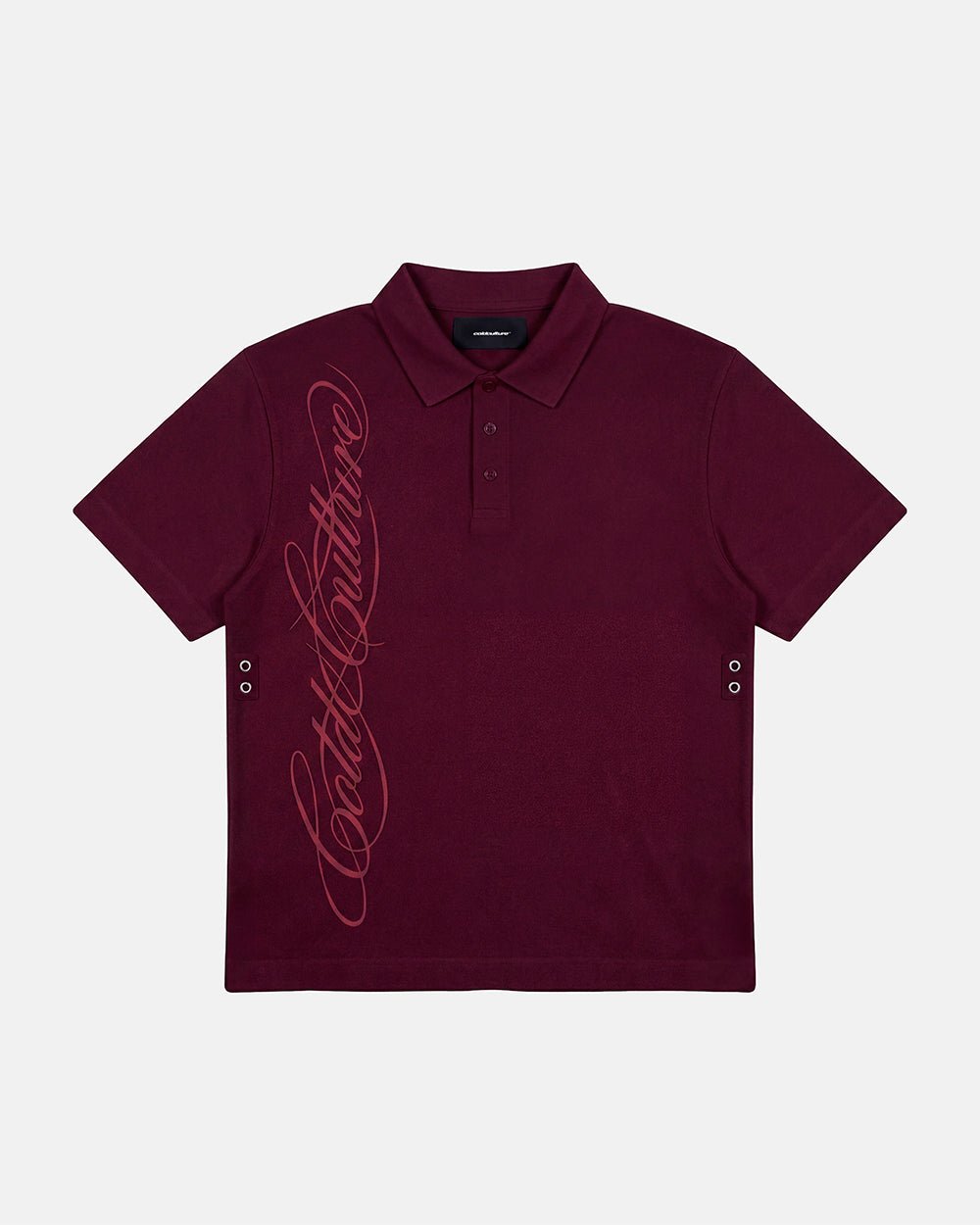 TARTAN SCRIPT POLO RED - burgundy tartan trim polo shirt, front view - Cold Culture #packshot