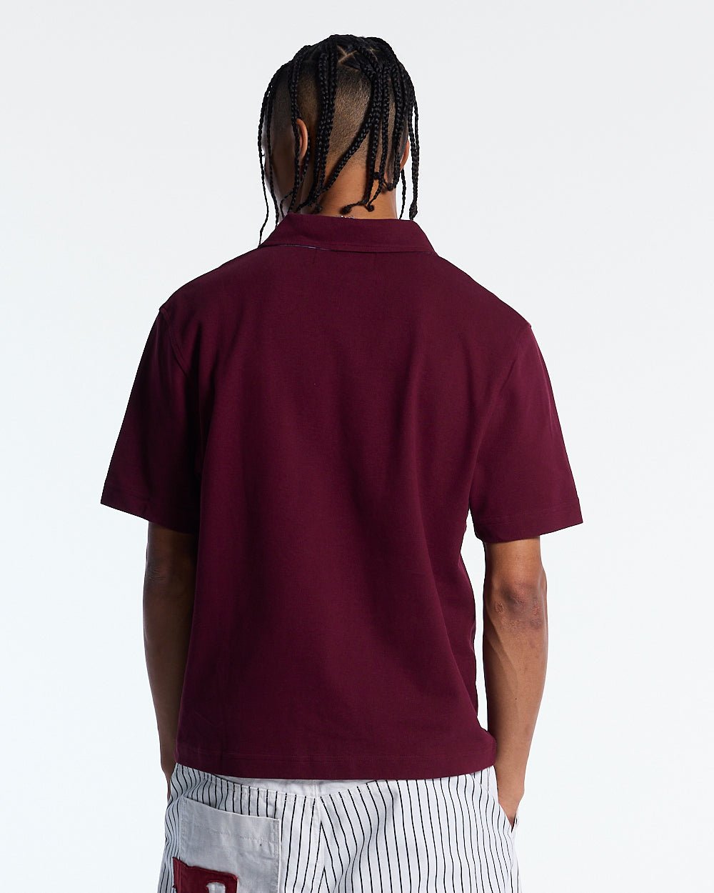 TARTAN SCRIPT POLO RED - burgundy tartan trim polo shirt, back view on male model - Cold Culture #man