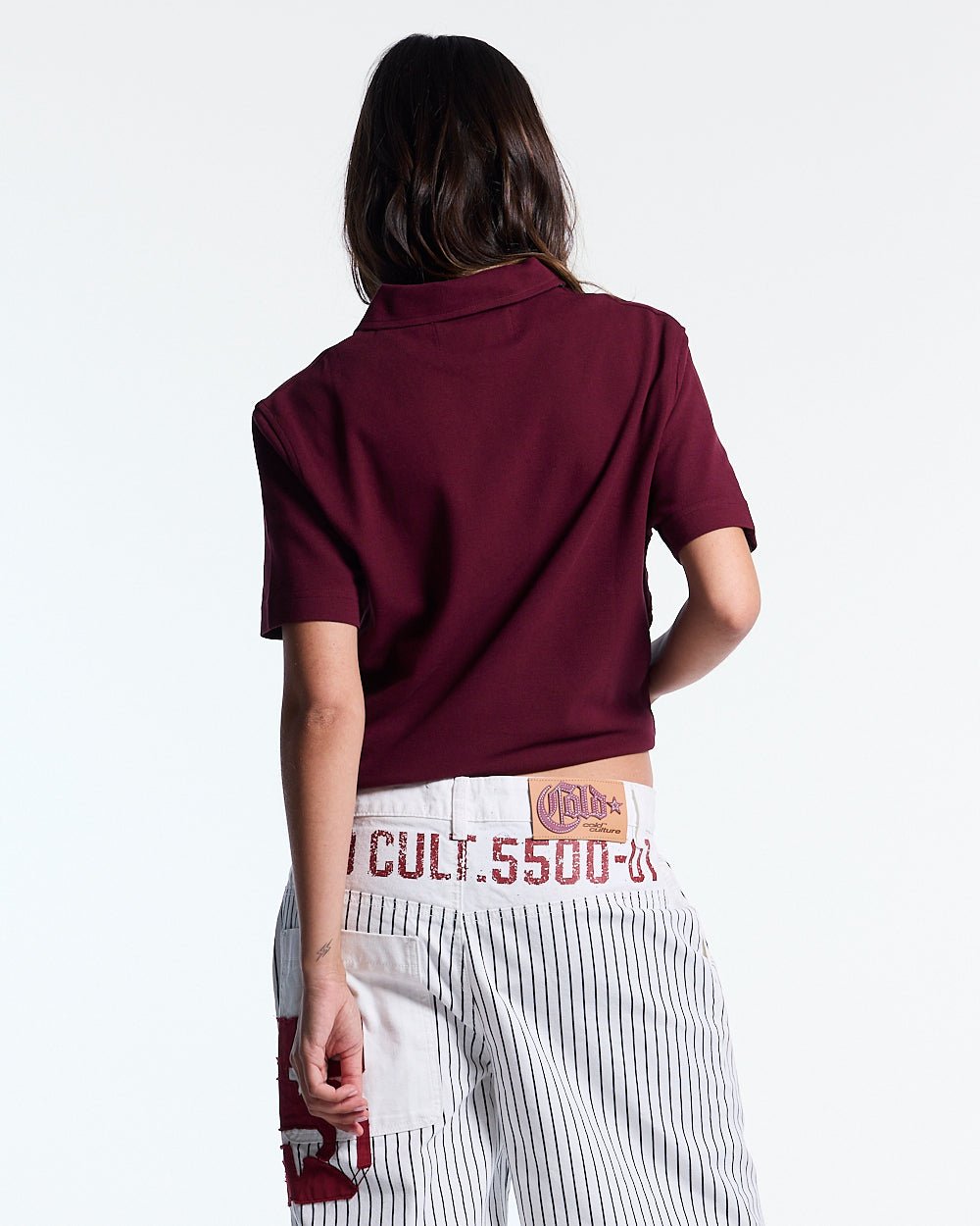 TARTAN SCRIPT POLO RED - burgundy tartan trim polo shirt, back view on female model - Cold Culture #woman