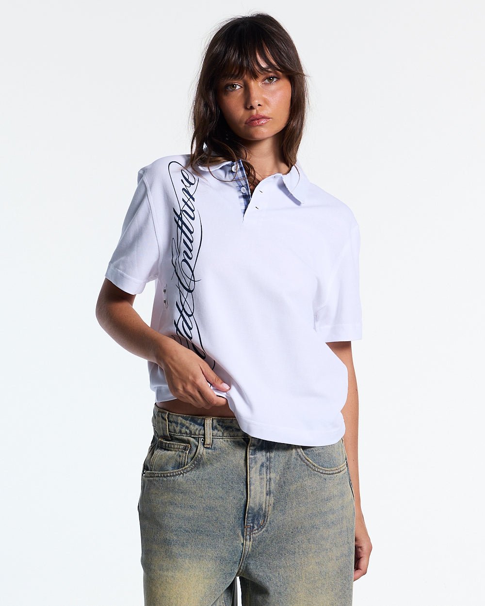 TARTAN SCRIPT POLO WHITE - white script print polo shirt, front view on female model - Cold Culture #woman