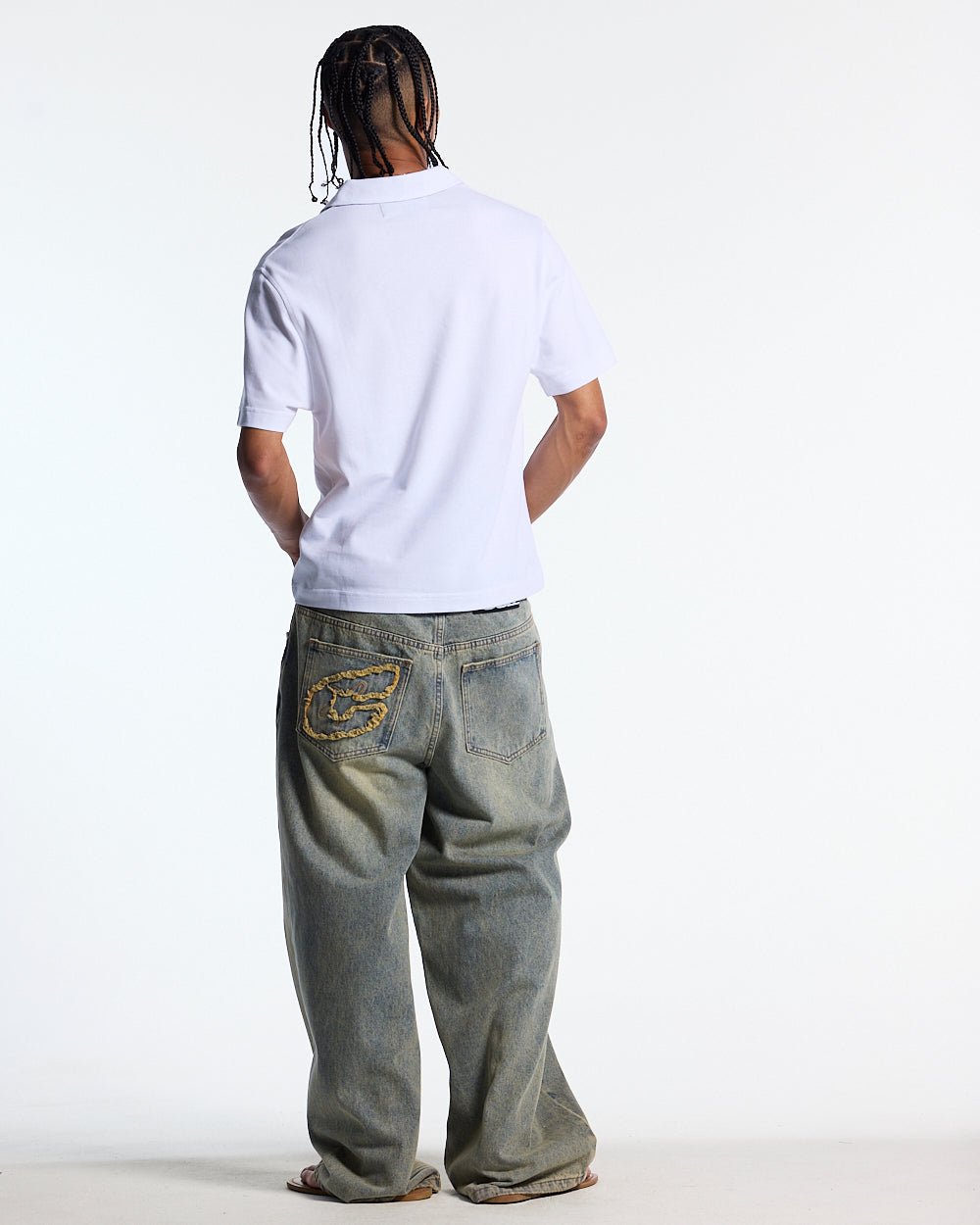 TARTAN SCRIPT POLO WHITE - white script print polo shirt, back view on male model - Cold Culture #man