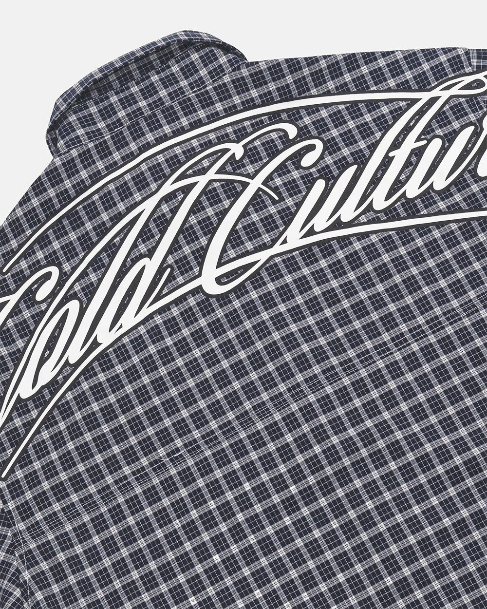 TARTAN SCRIPT SHIRT BLACK - black plaid short sleeve shirt, detail close-up - Cold Culture