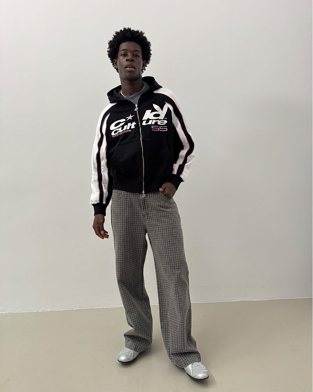 TEASE ME ZIP HOODIE BLACK & GREY - black and white zip-up hoodie, front view on male model - Cold Culture #man