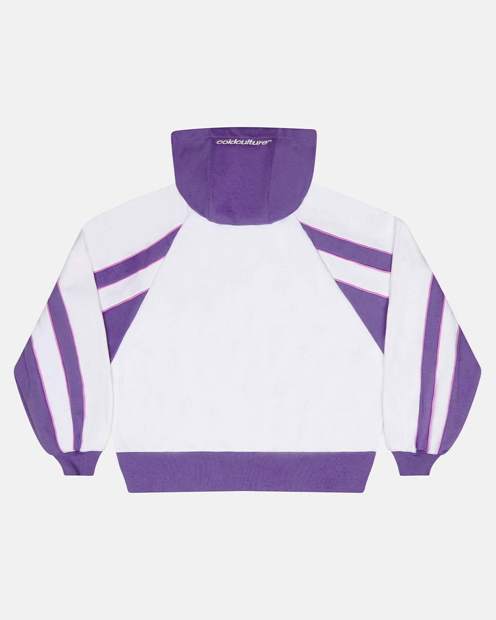 TEASE ME ZIP HOODIE WHITE & PURPLE - white and purple zip-up hoodie, back view - Cold Culture #packshot