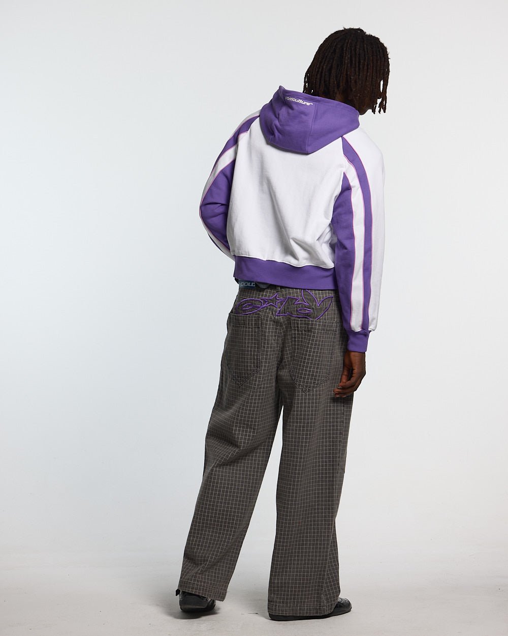 TEASE ME ZIP HOODIE WHITE & PURPLE - white and purple zip-up hoodie, back view on male model - Cold Culture
