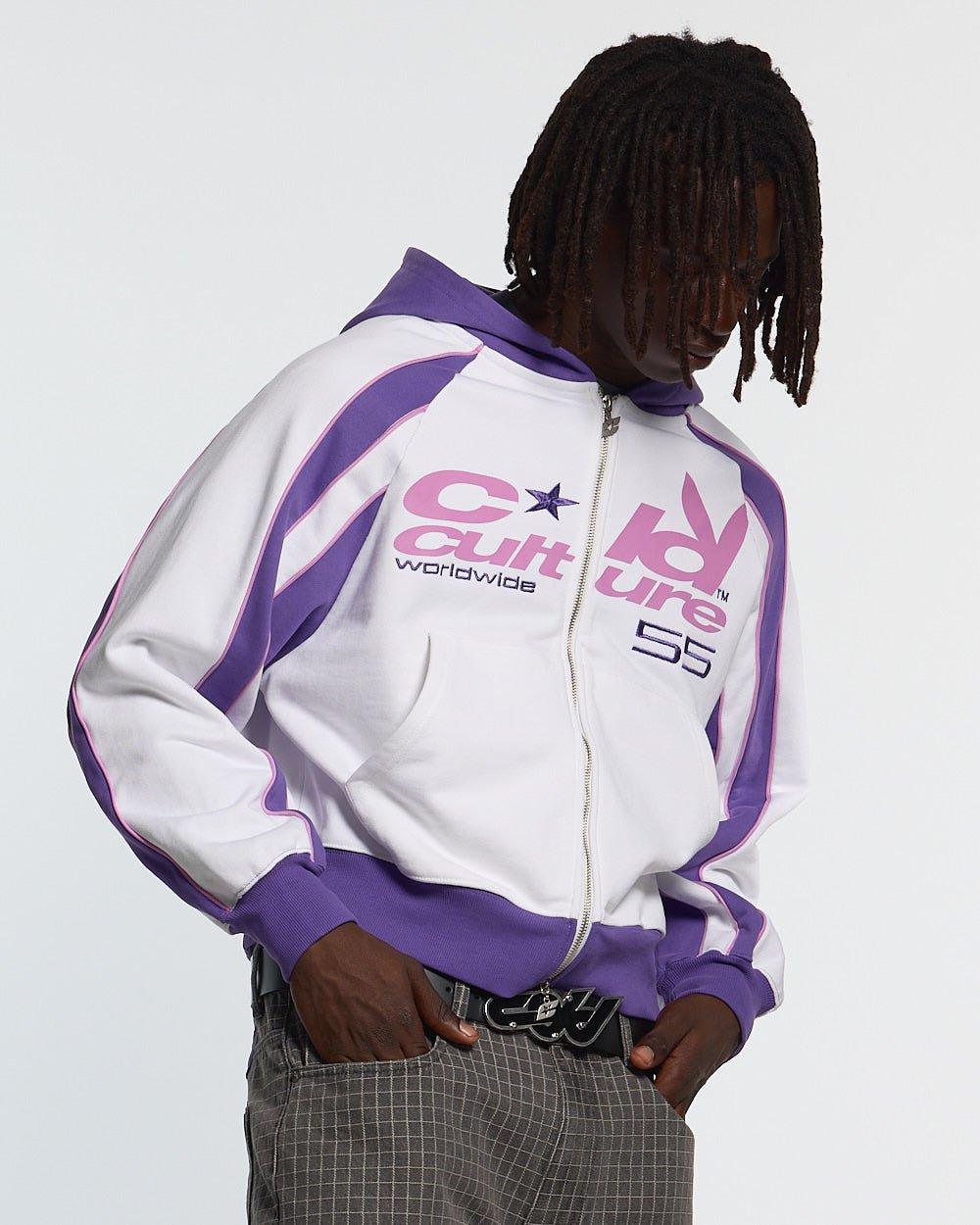 TEASE ME ZIP HOODIE WHITE & PURPLE - white and purple zip-up hoodie, front view on male model - Cold Culture #man