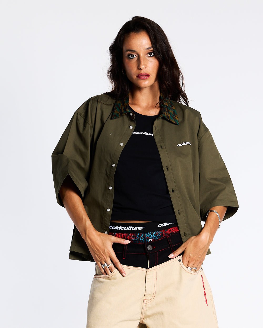 TERRA SHIRT CAPER GREEN - olive green short sleeve shirt, front view on female model - Cold Culture #woman