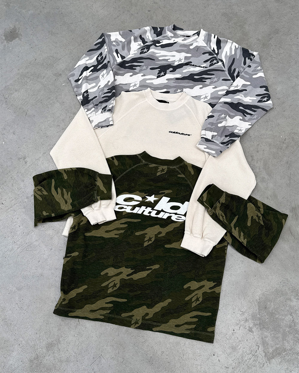 THERMAL LONGSLEEVE TEE WHITE - white thermal longsleeve tee, flat lay with matching pieces - Cold Culture