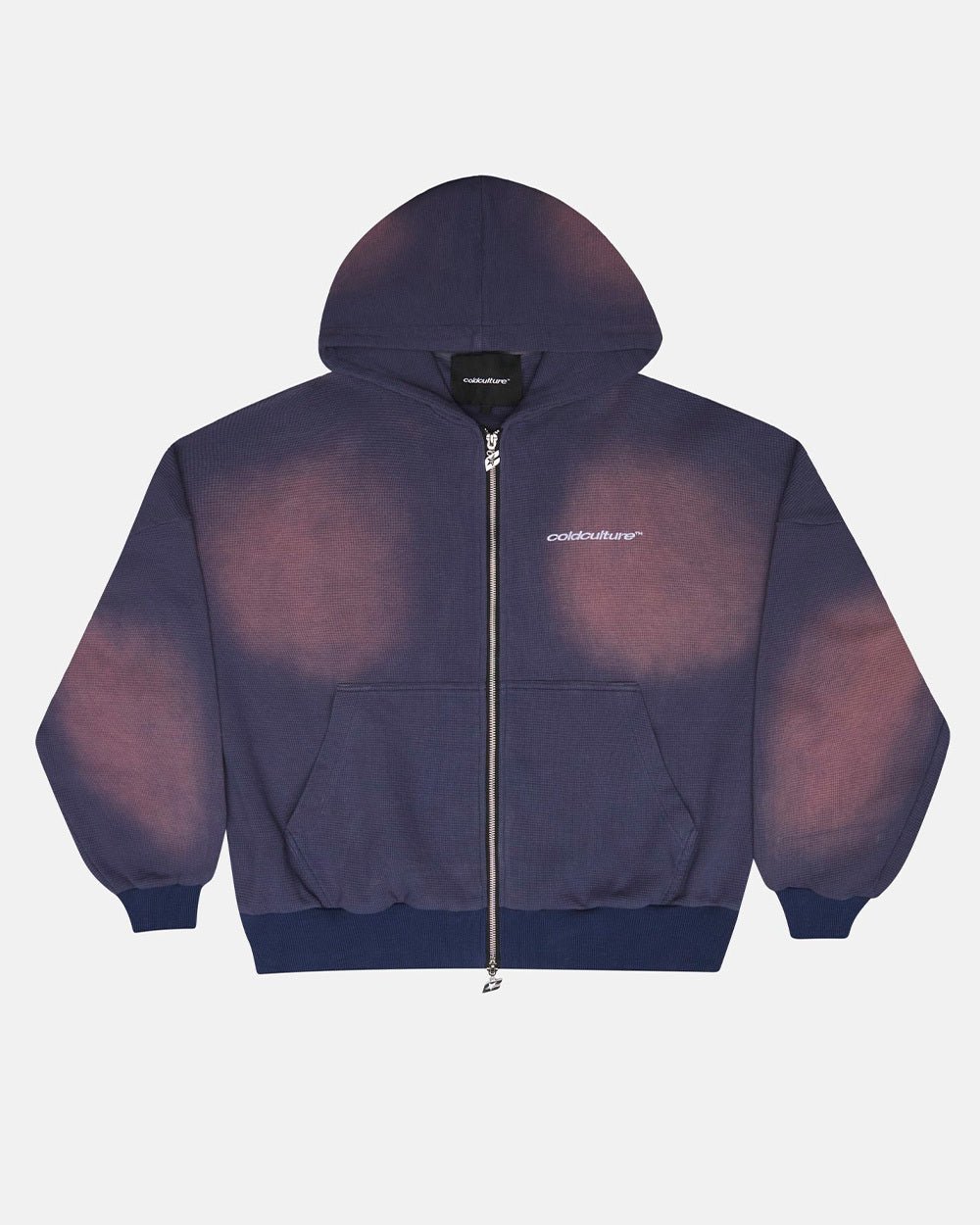 THERMAL ZIP HOODIE BLUE - navy blue washed zip-up hoodie, front view - Cold Culture #packshot