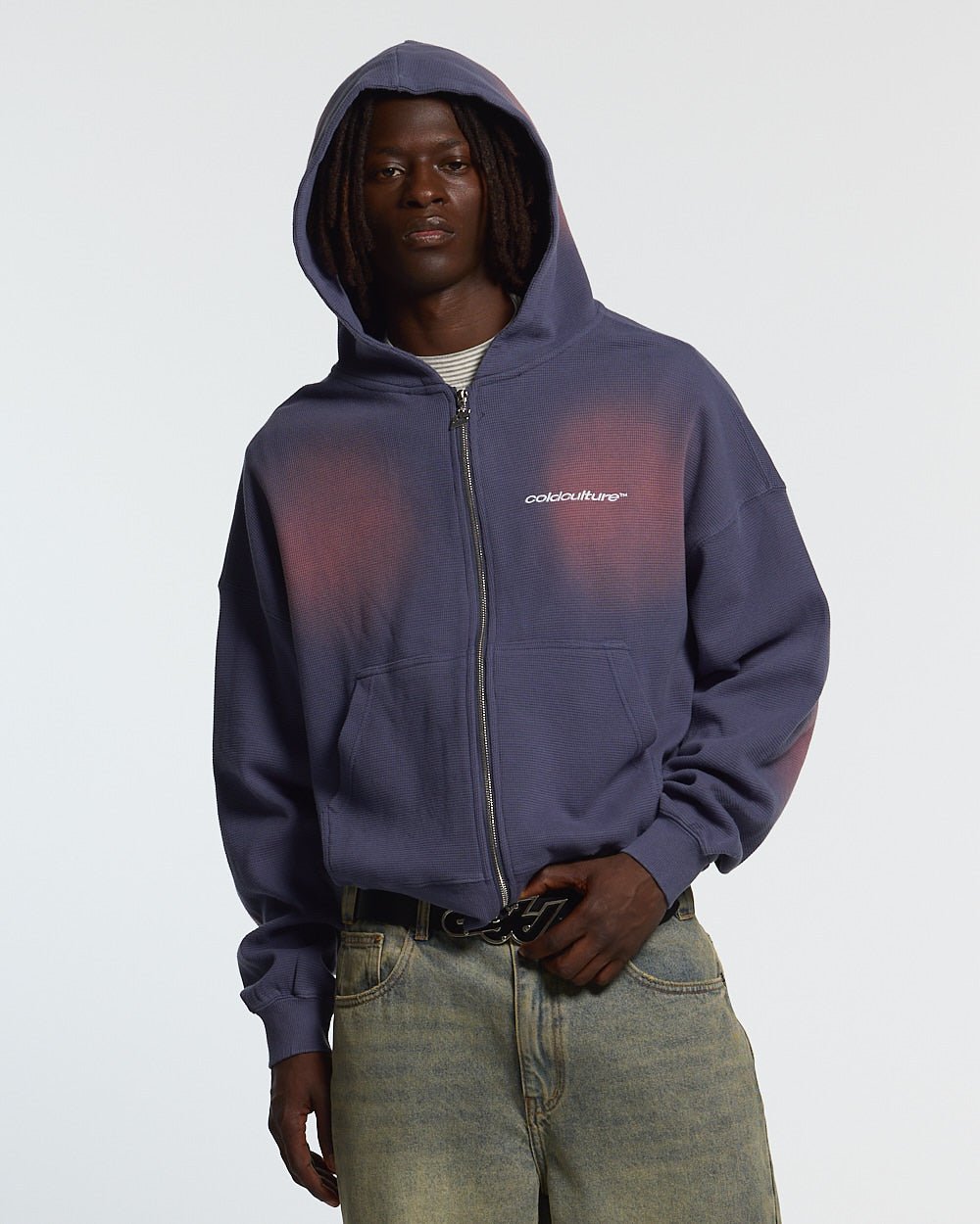 THERMAL ZIP HOODIE BLUE - navy blue washed zip-up hoodie, front view on male model - Cold Culture #man