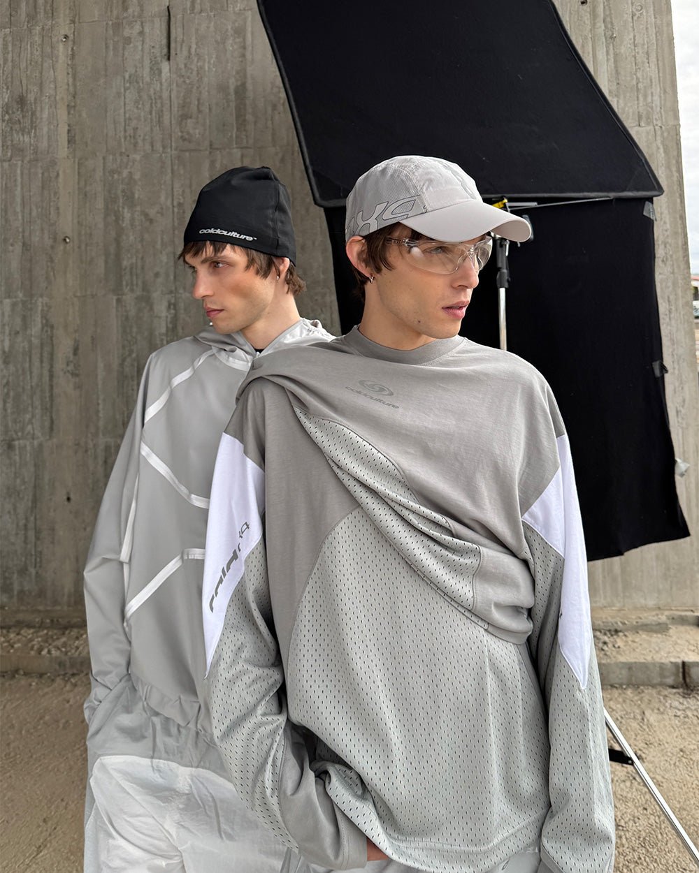 THUNDER LONGSLEEVE LIGHT GREY - light grey paneled longsleeve tee, street style shot - Cold Culture