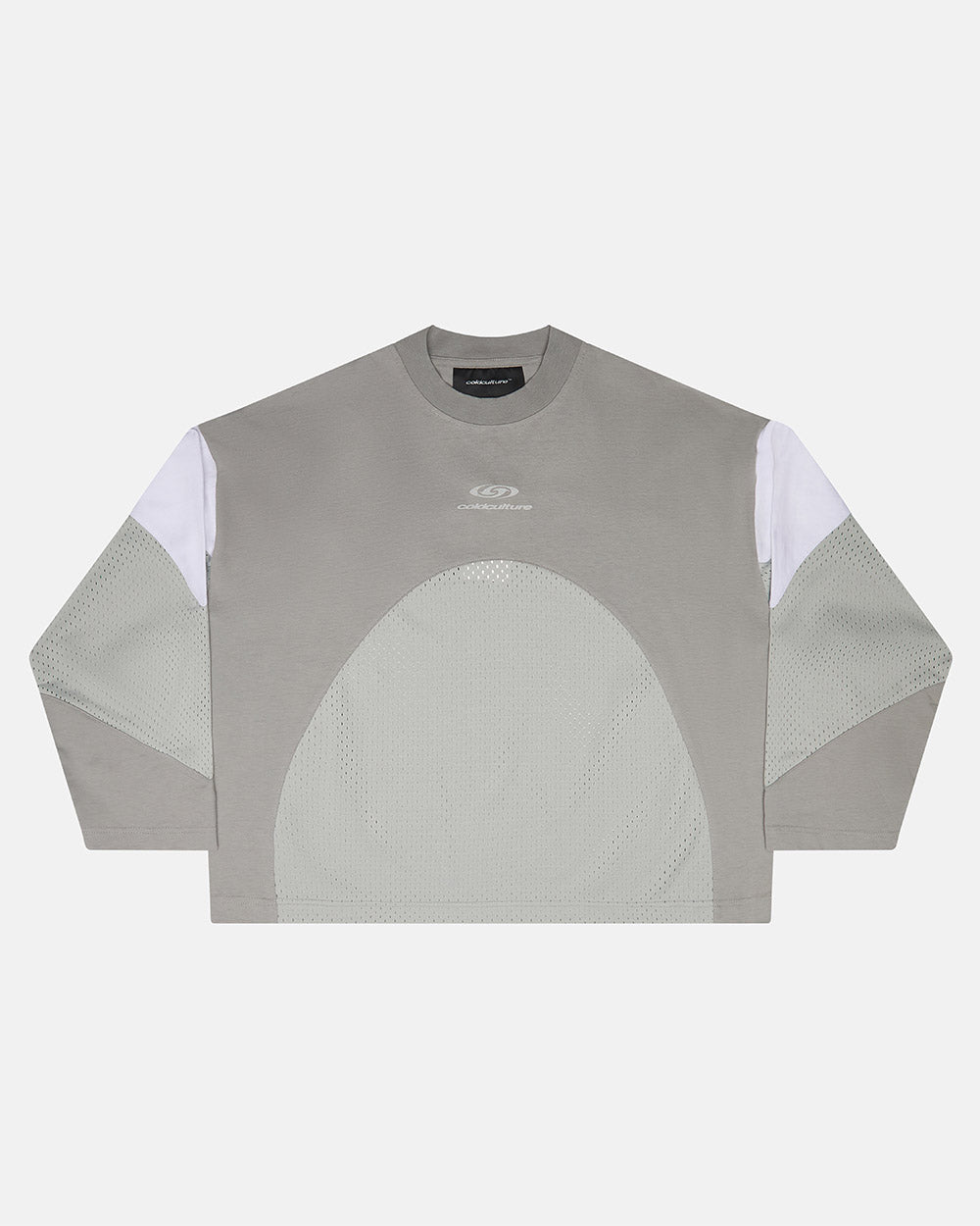 THUNDER LONGSLEEVE LIGHT GREY - light grey paneled longsleeve tee, front view - Cold Culture #packshot