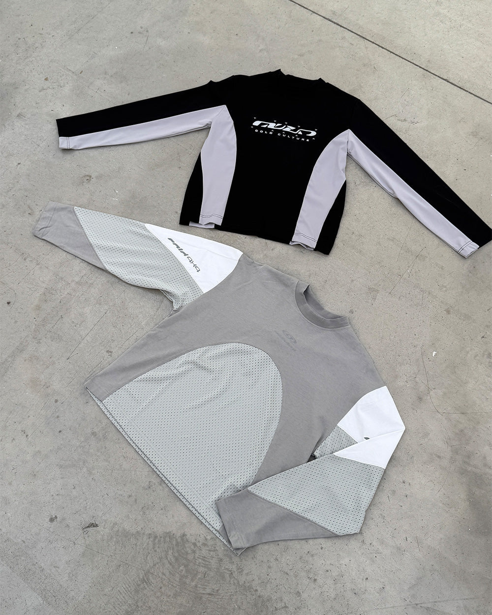 THUNDER LONGSLEEVE LIGHT GREY - light grey paneled longsleeve tee, flat lay with matching pieces - Cold Culture